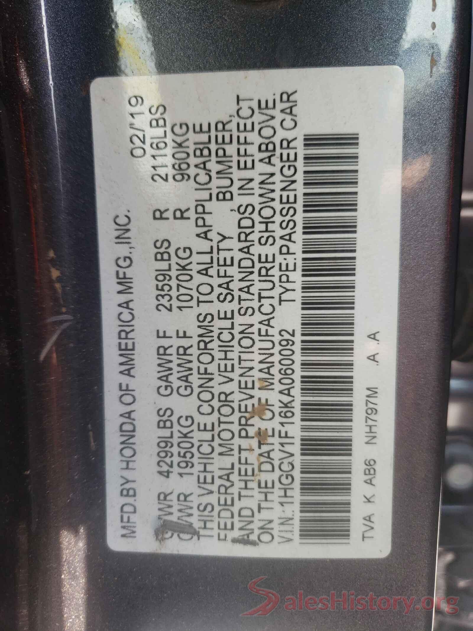 1HGCV1F16KA060092 2019 HONDA ACCORD