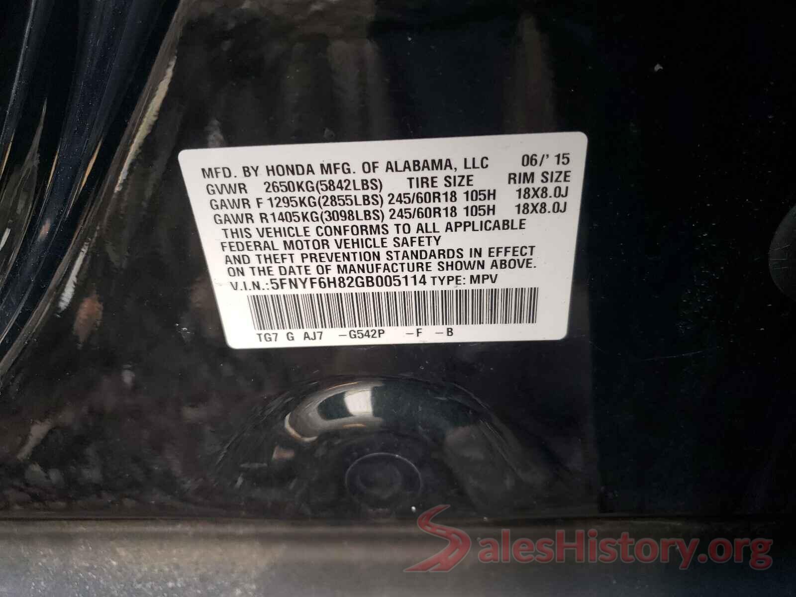 5FNYF6H82GB005114 2016 HONDA PILOT