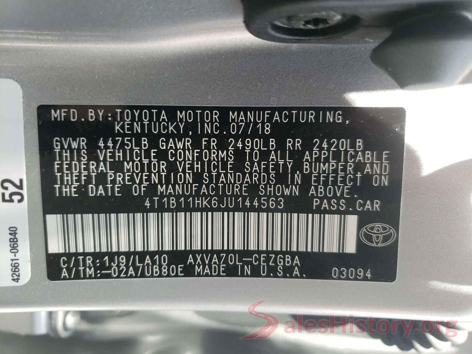 4T1B11HK6JU144563 2018 TOYOTA CAMRY