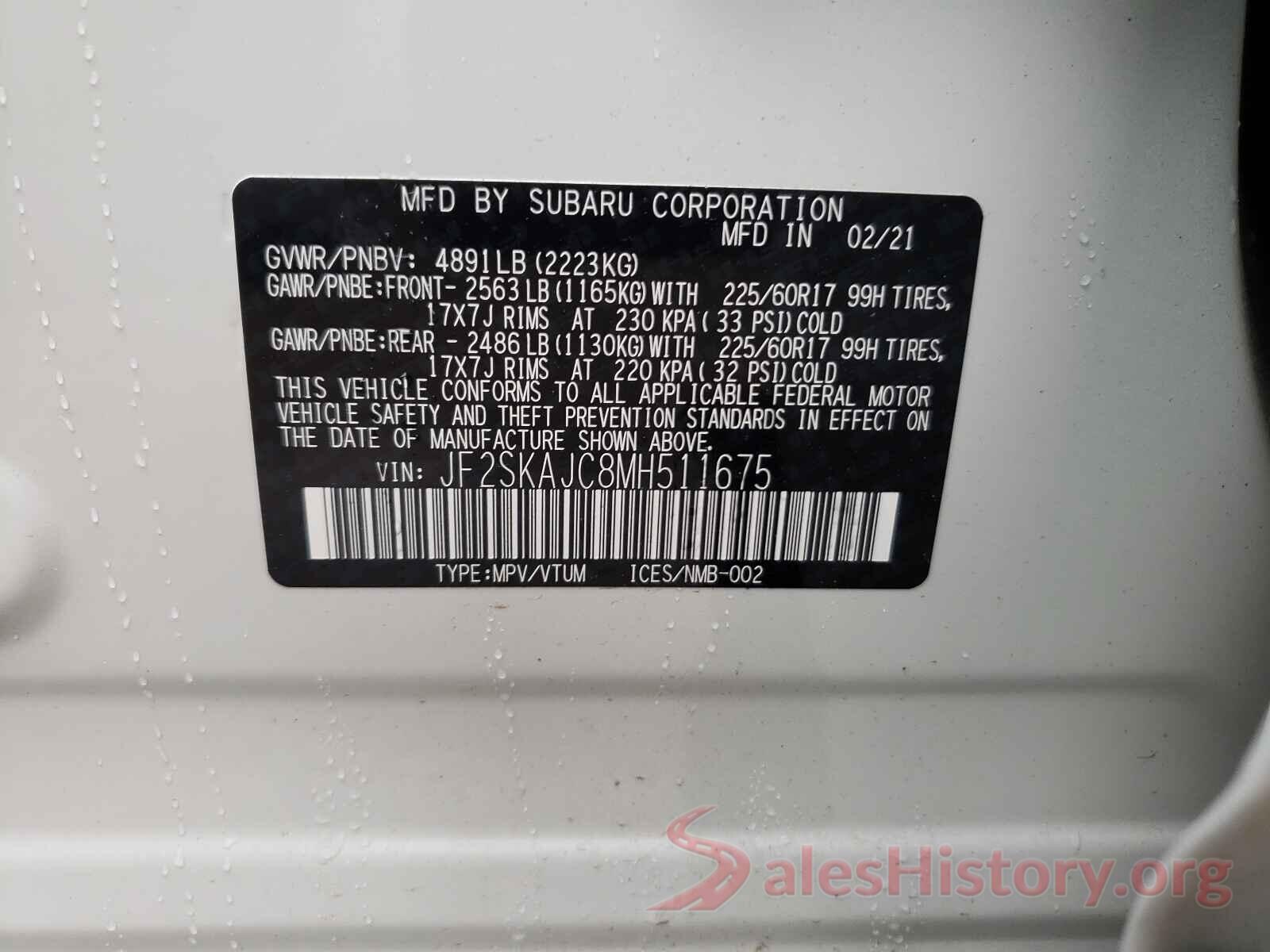 JF2SKAJC8MH511675 2021 SUBARU FORESTER