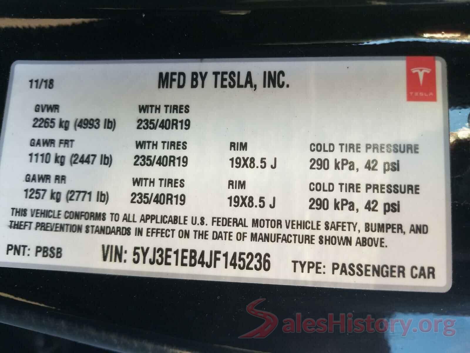 5YJ3E1EB4JF145236 2018 TESLA MODEL 3