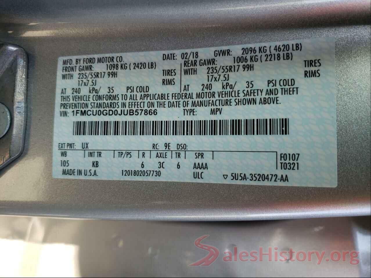 1FMCU0GD0JUB57866 2018 FORD ESCAPE