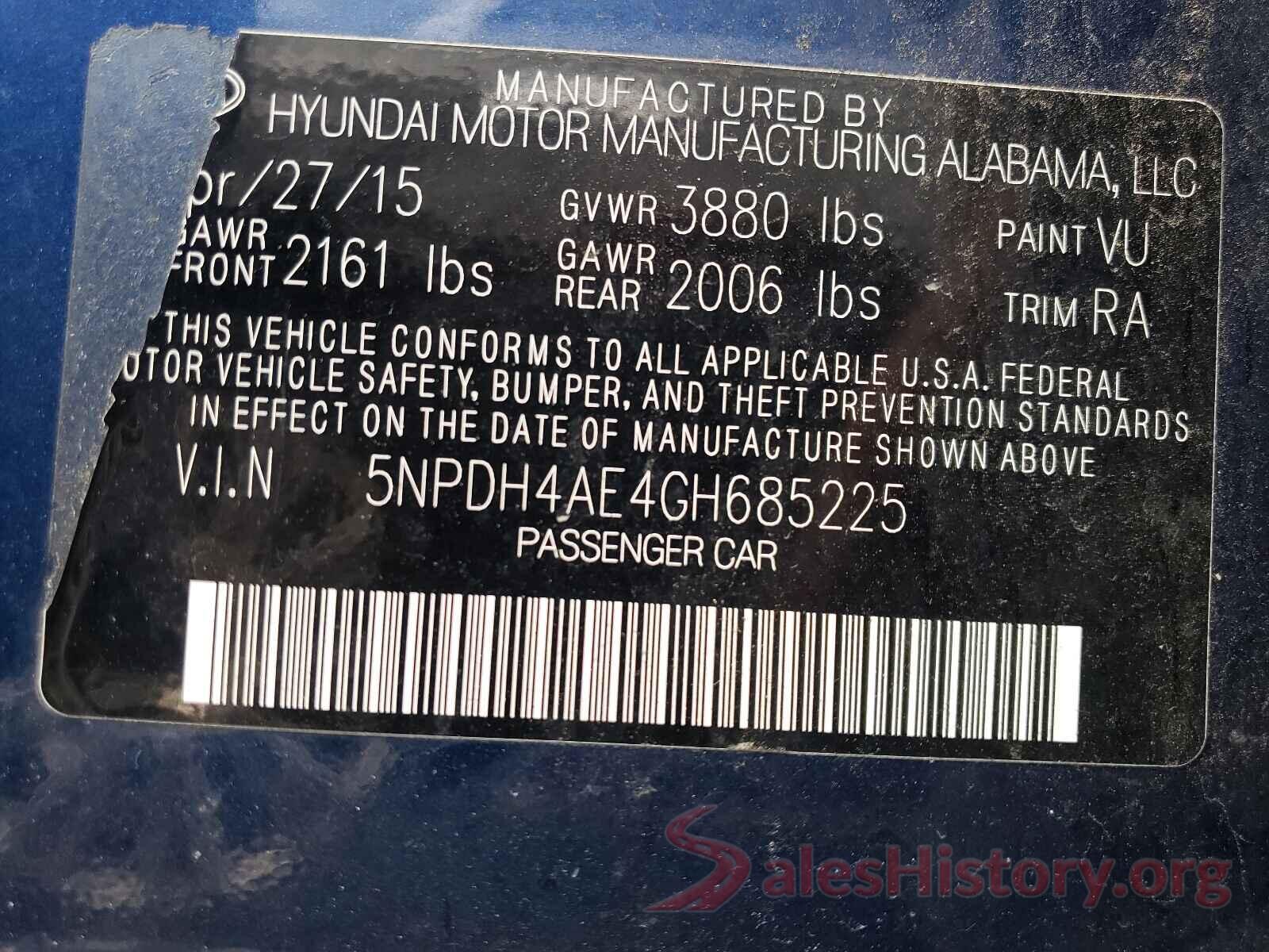 5NPDH4AE4GH685225 2016 HYUNDAI ELANTRA