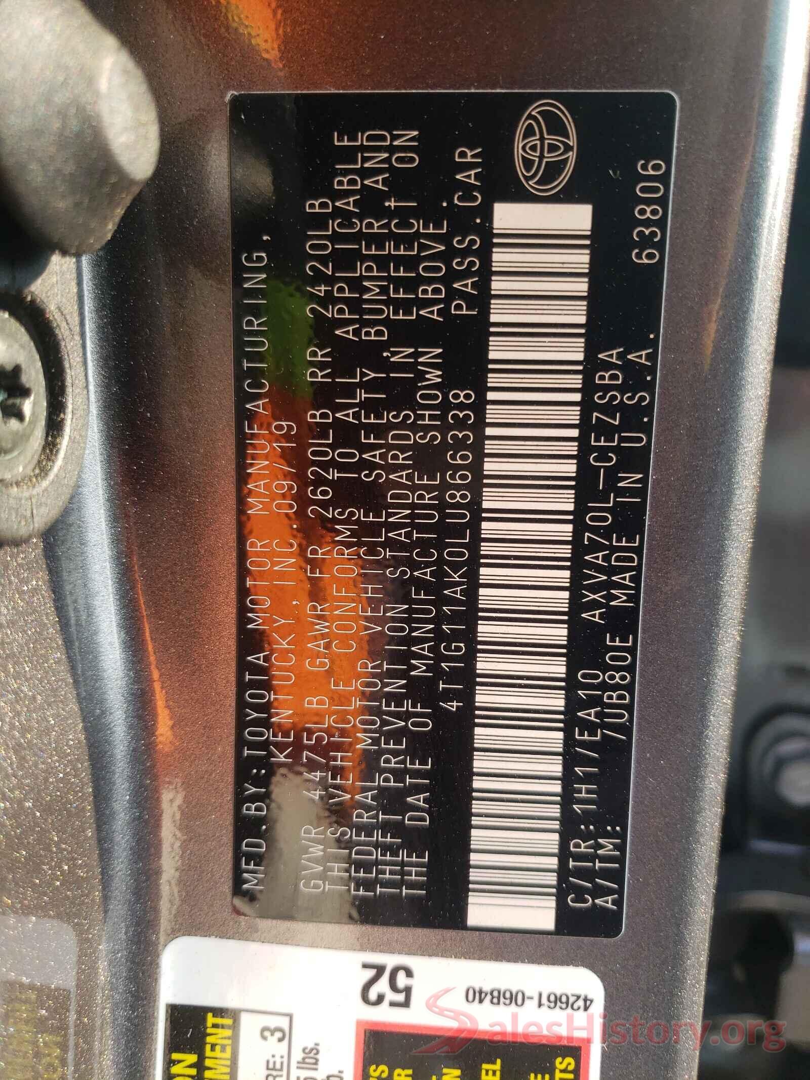 4T1G11AK0LU866338 2020 TOYOTA CAMRY