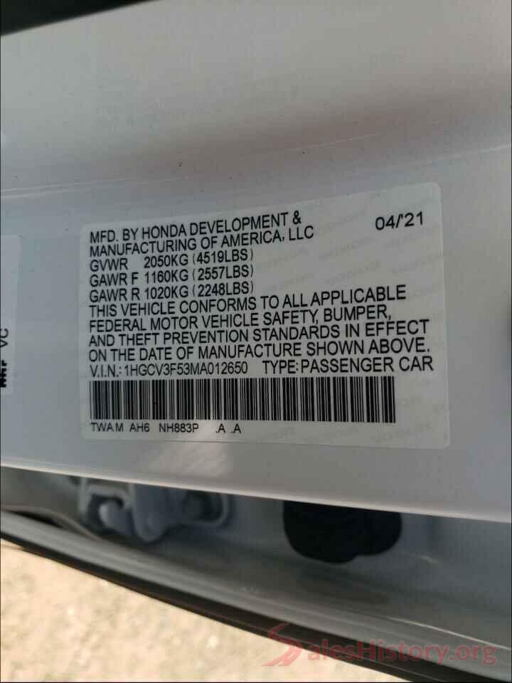 1HGCV3F53MA012650 2021 HONDA ACCORD