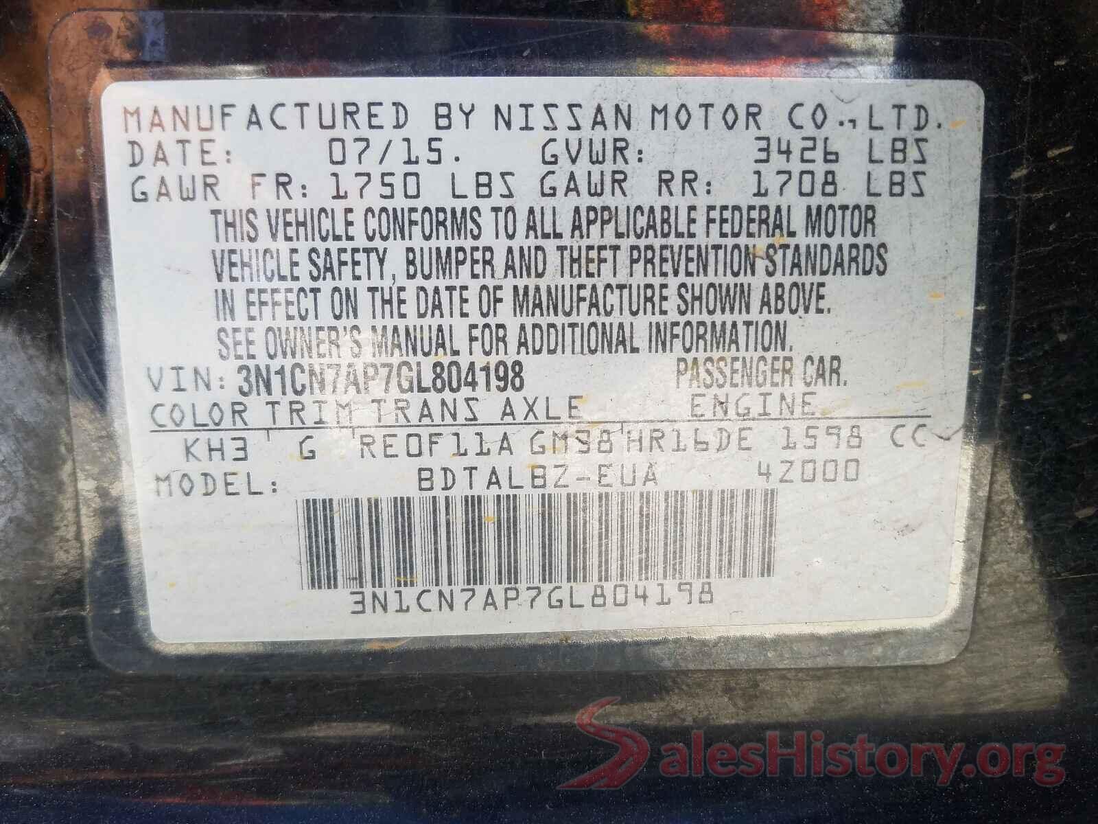 3N1CN7AP7GL804198 2016 NISSAN VERSA