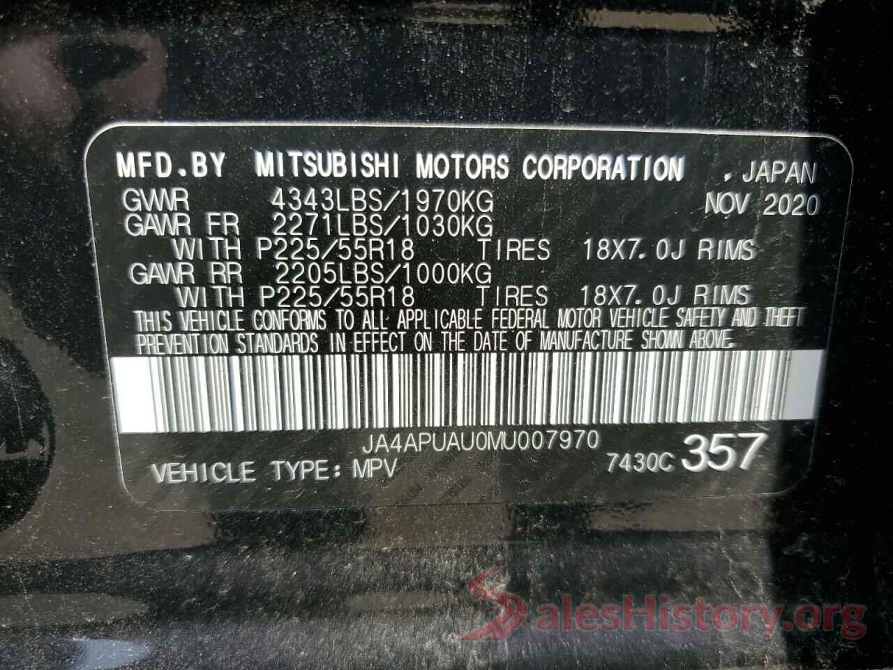 JA4APUAU0MU007970 2021 MITSUBISHI OUTLANDER