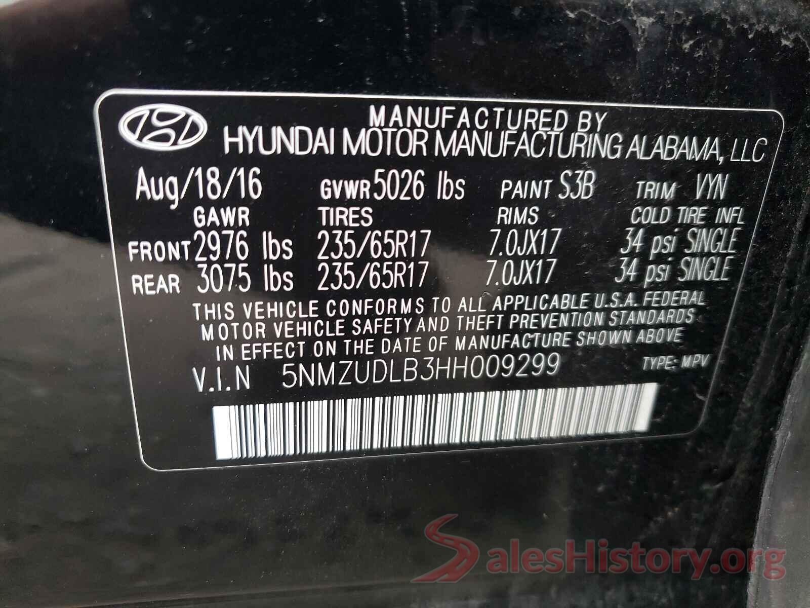 5NMZUDLB3HH009299 2017 HYUNDAI SANTA FE