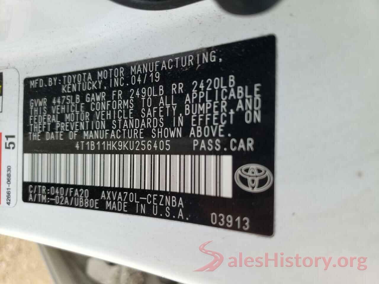 4T1B11HK9KU256405 2019 TOYOTA CAMRY