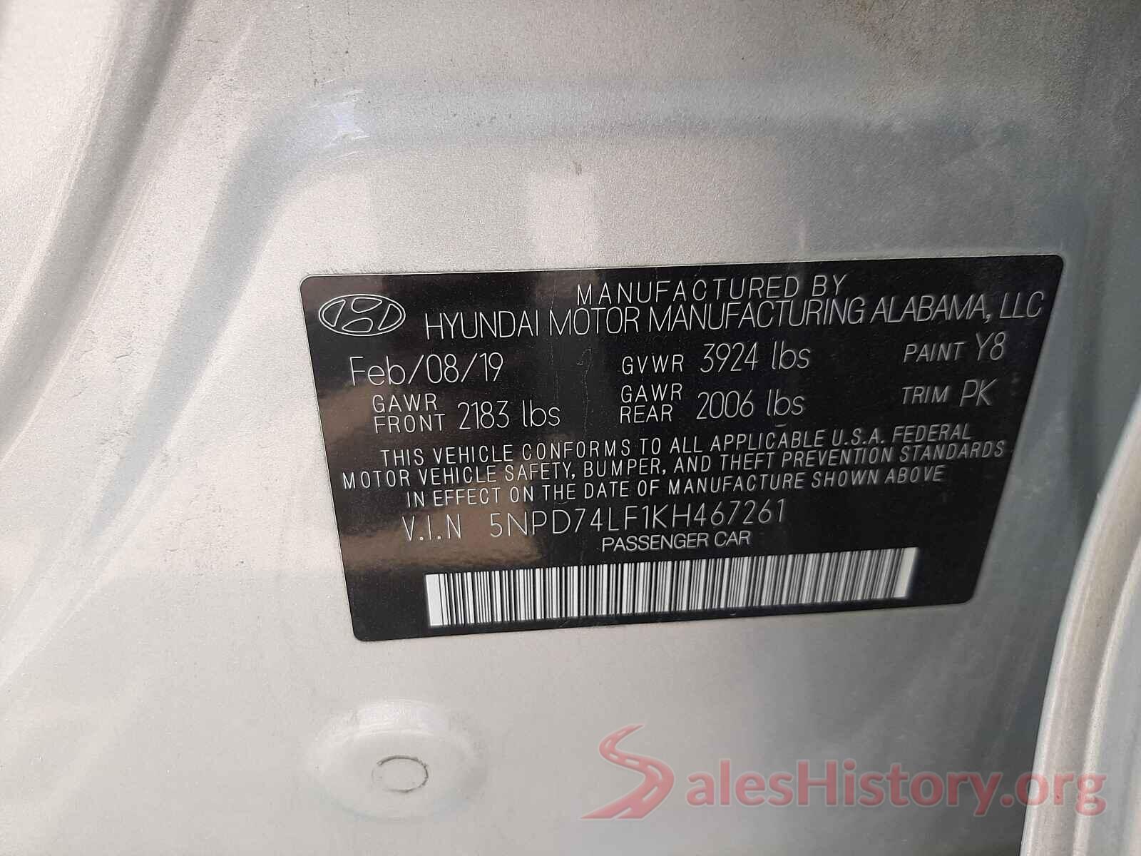 5NPD74LF1KH467261 2019 HYUNDAI ELANTRA