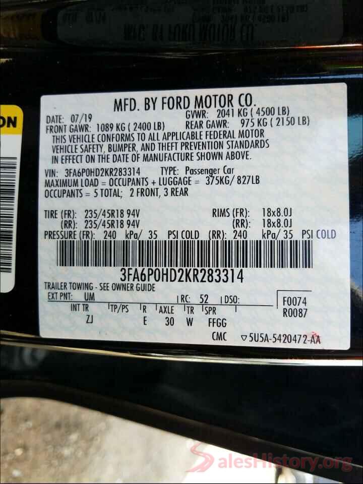 3FA6P0HD2KR283314 2019 FORD FUSION