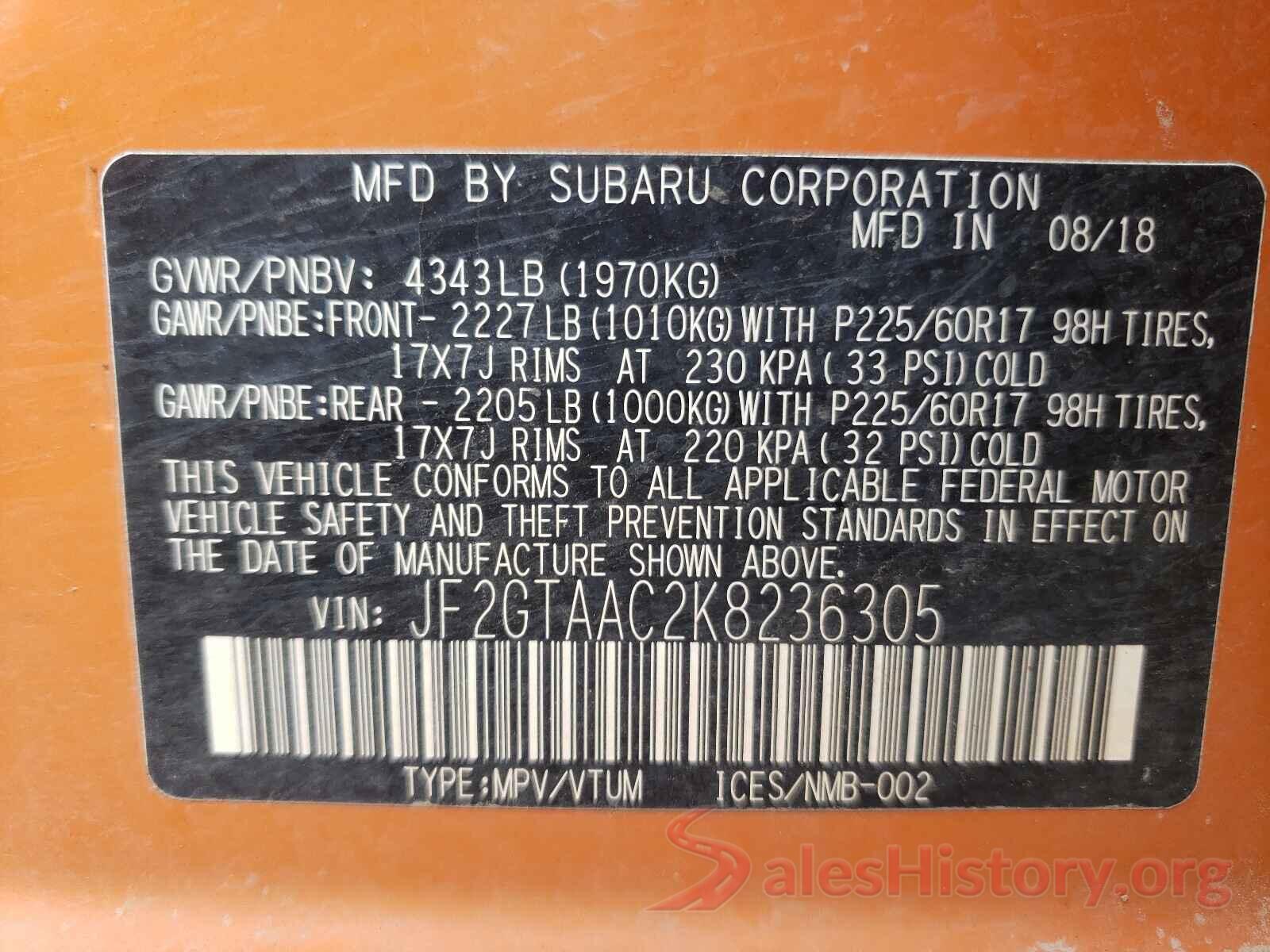 JF2GTAAC2K8236305 2019 SUBARU CROSSTREK