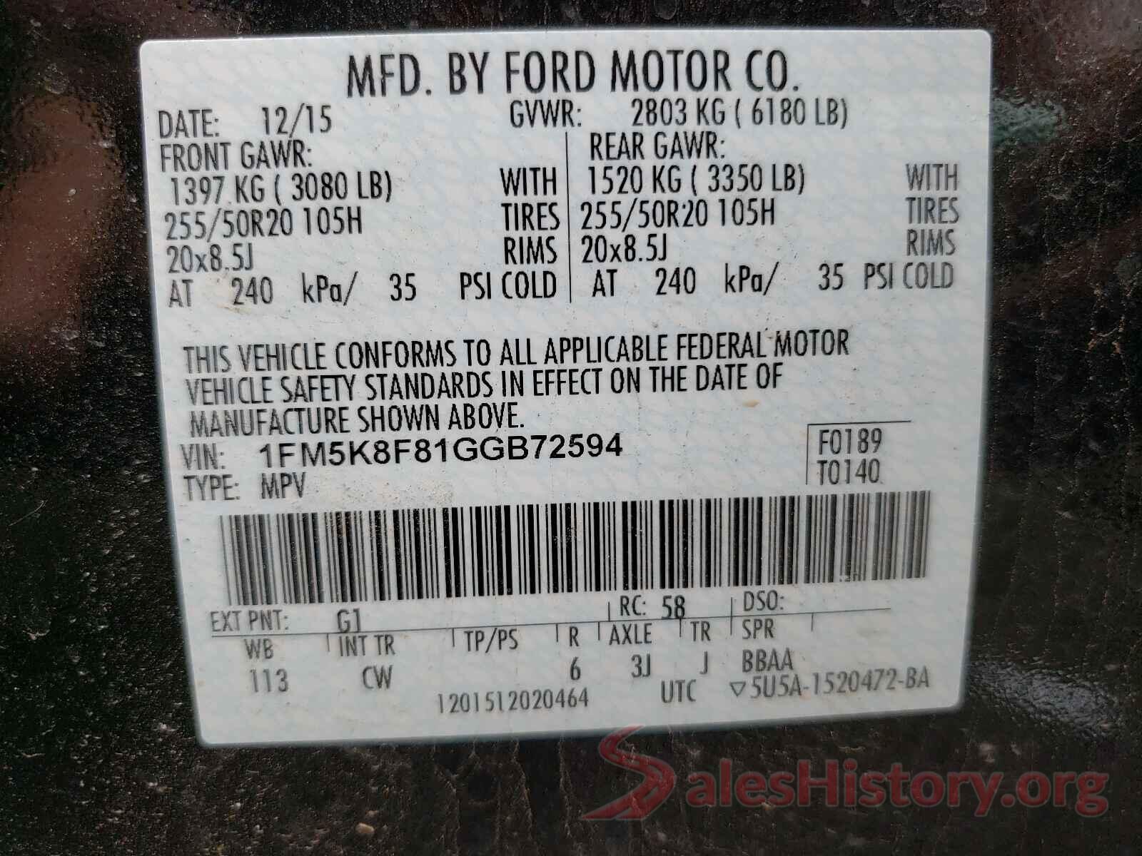 1FM5K8F81GGB72594 2016 FORD EXPLORER