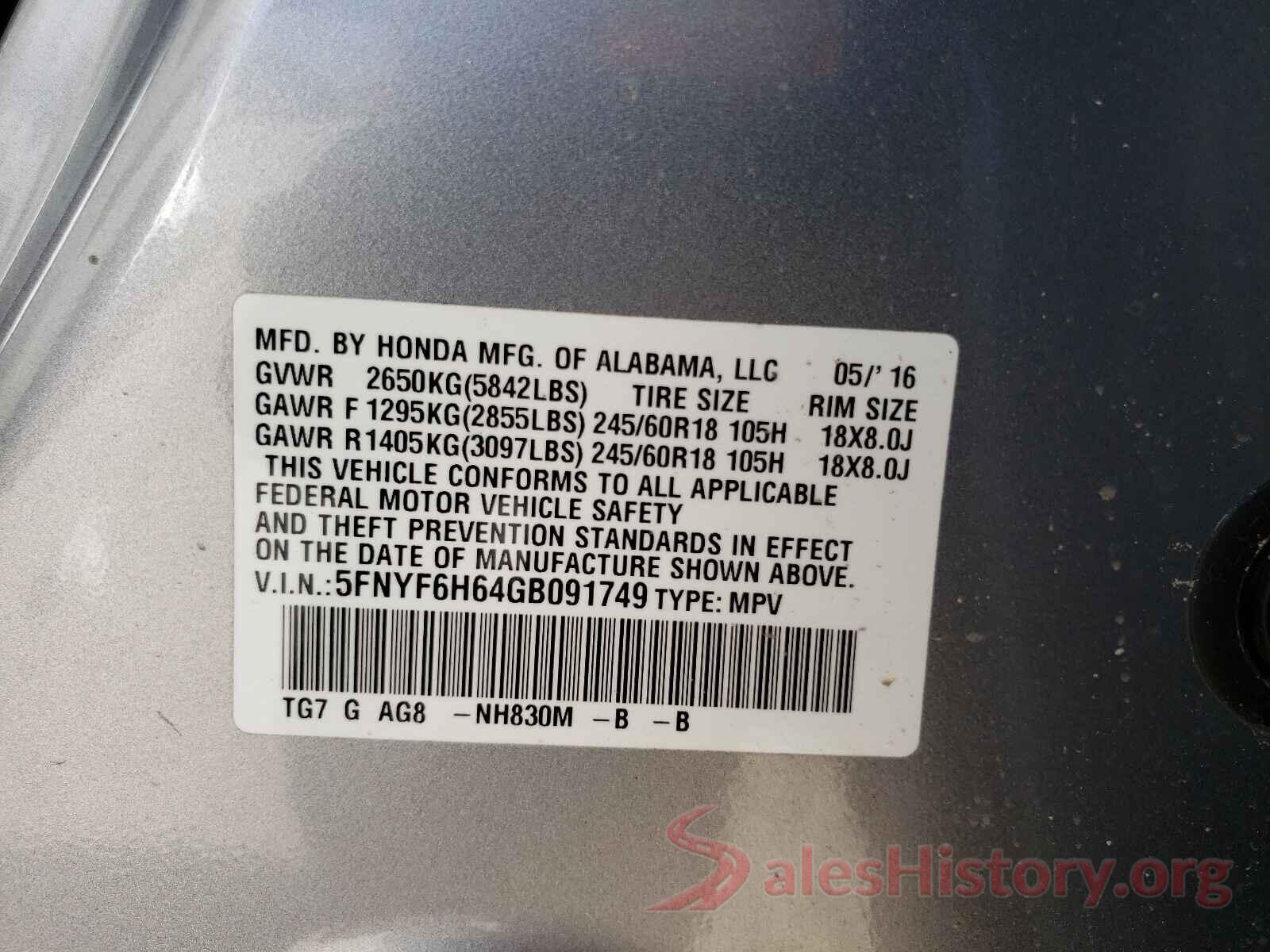 5FNYF6H64GB091749 2016 HONDA PILOT