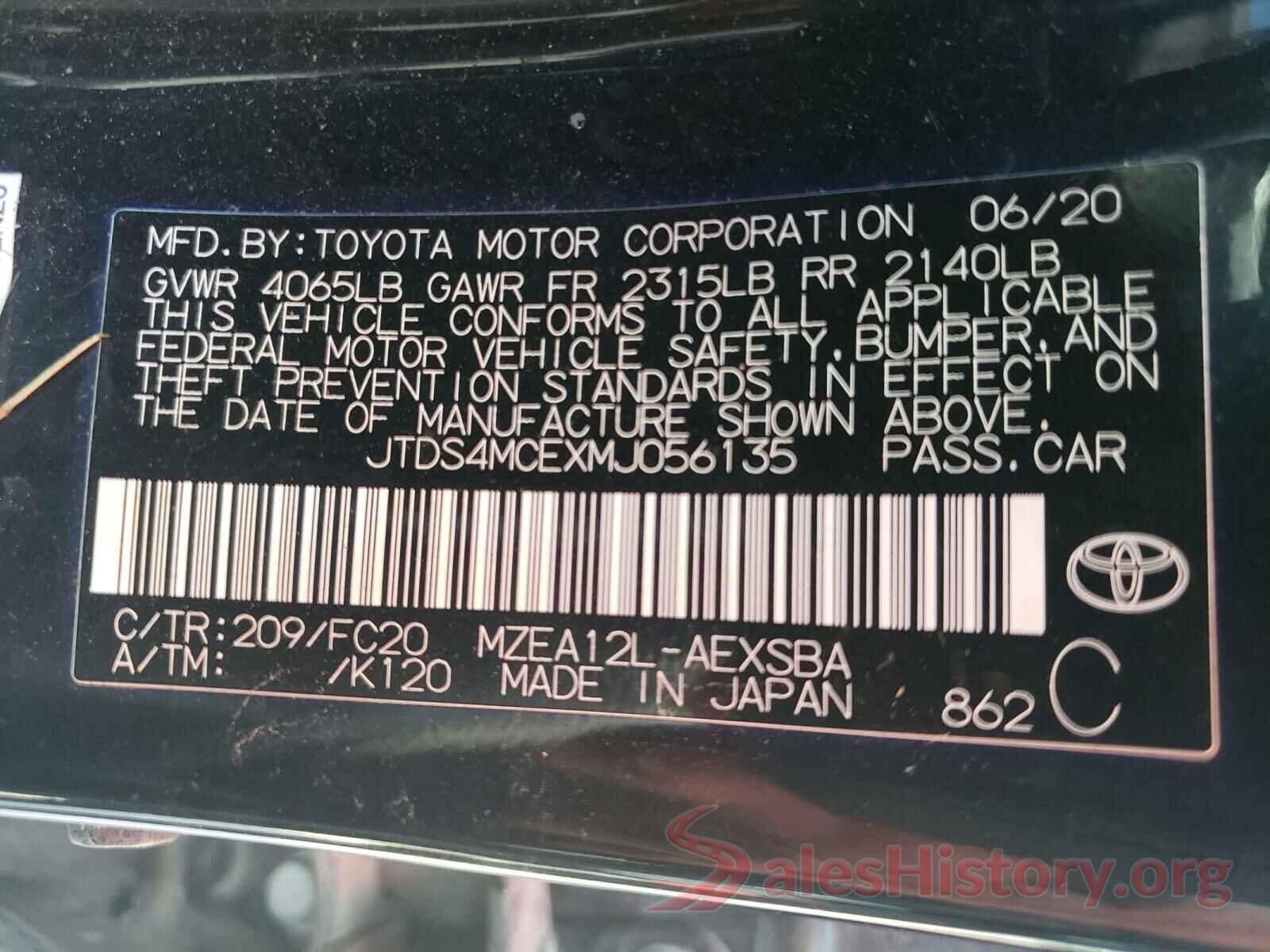 JTDS4MCEXMJ056135 2021 TOYOTA COROLLA