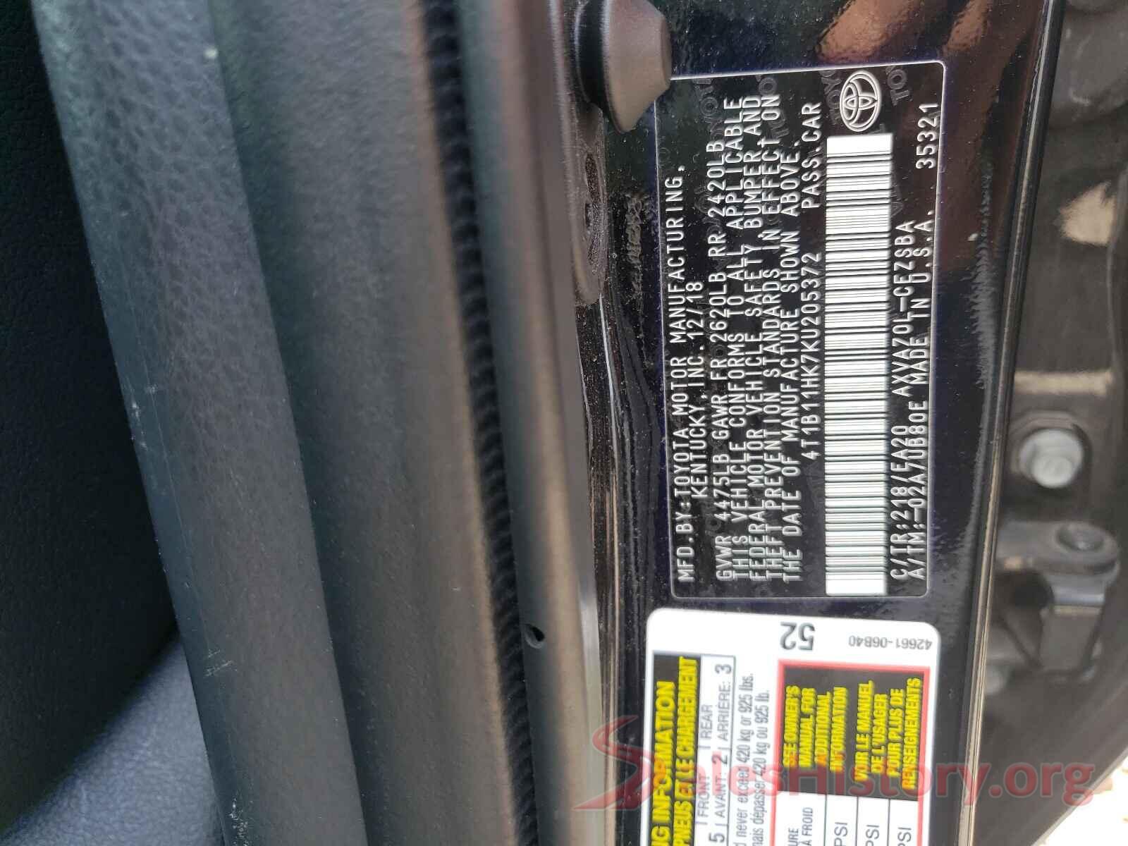 4T1B11HK7KU205372 2019 TOYOTA CAMRY