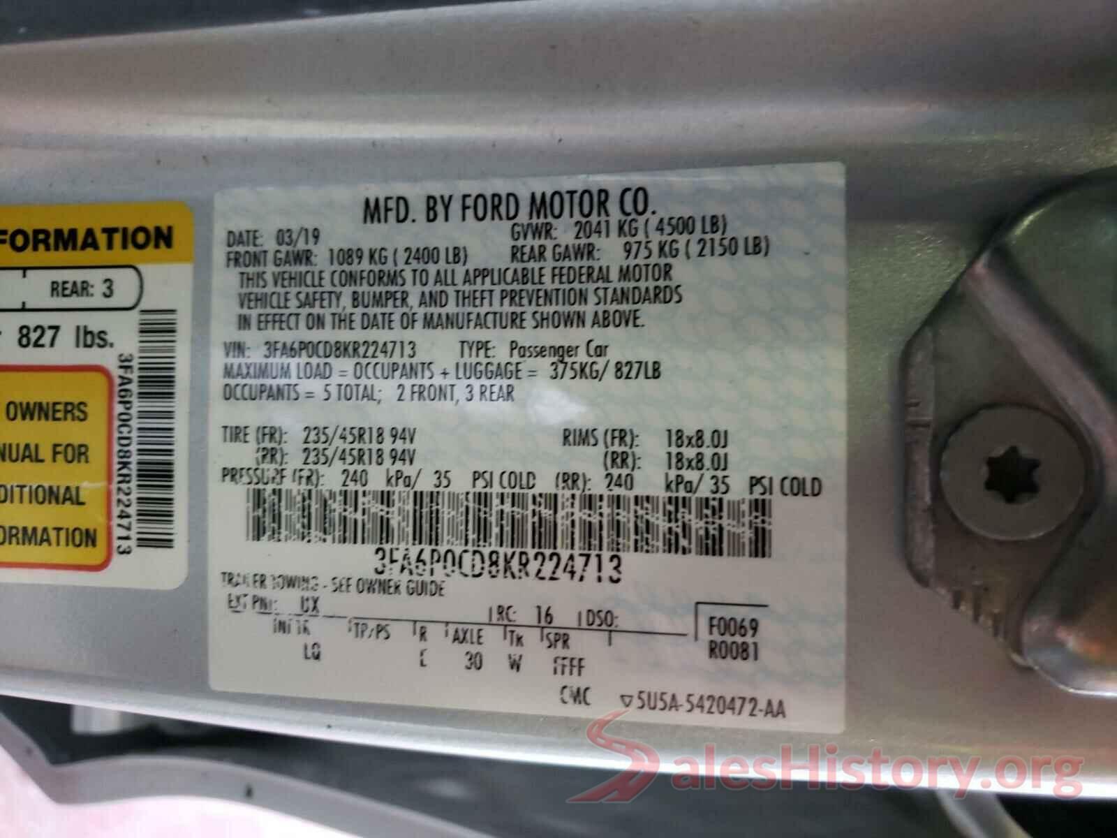 3FA6P0CD8KR224713 2019 FORD FUSION