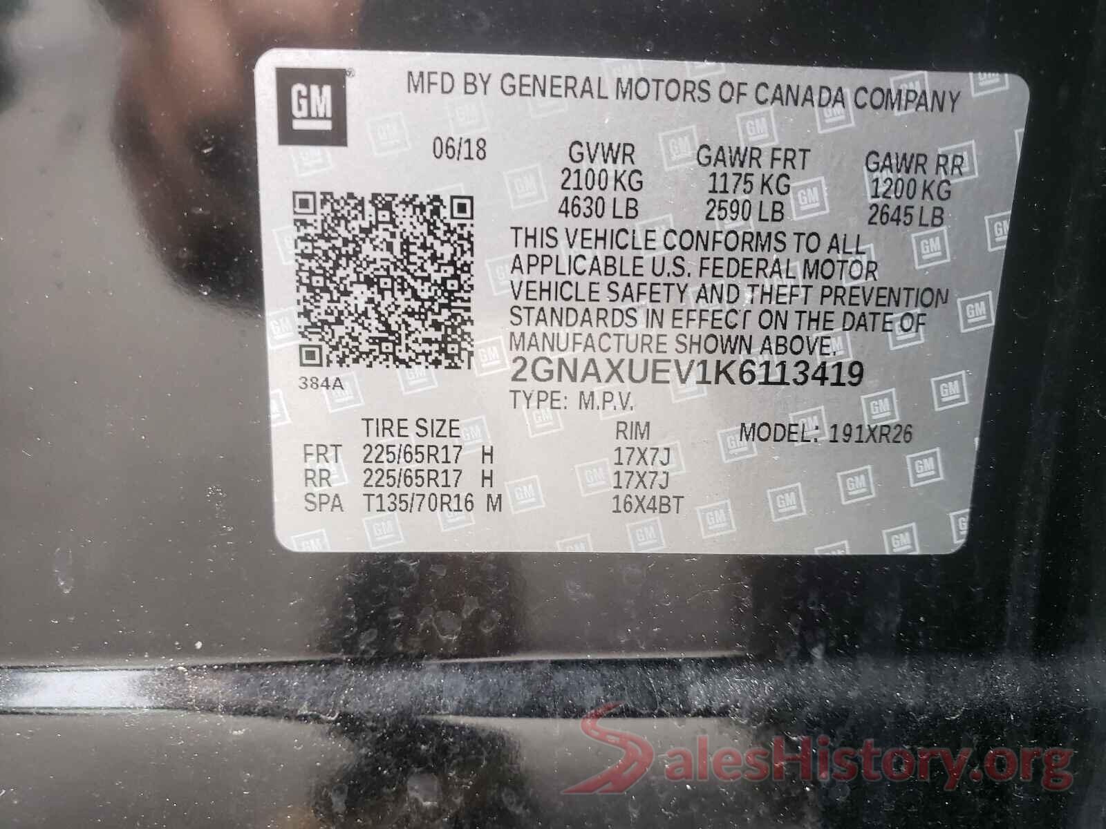 2GNAXUEV1K6113419 2019 CHEVROLET EQUINOX