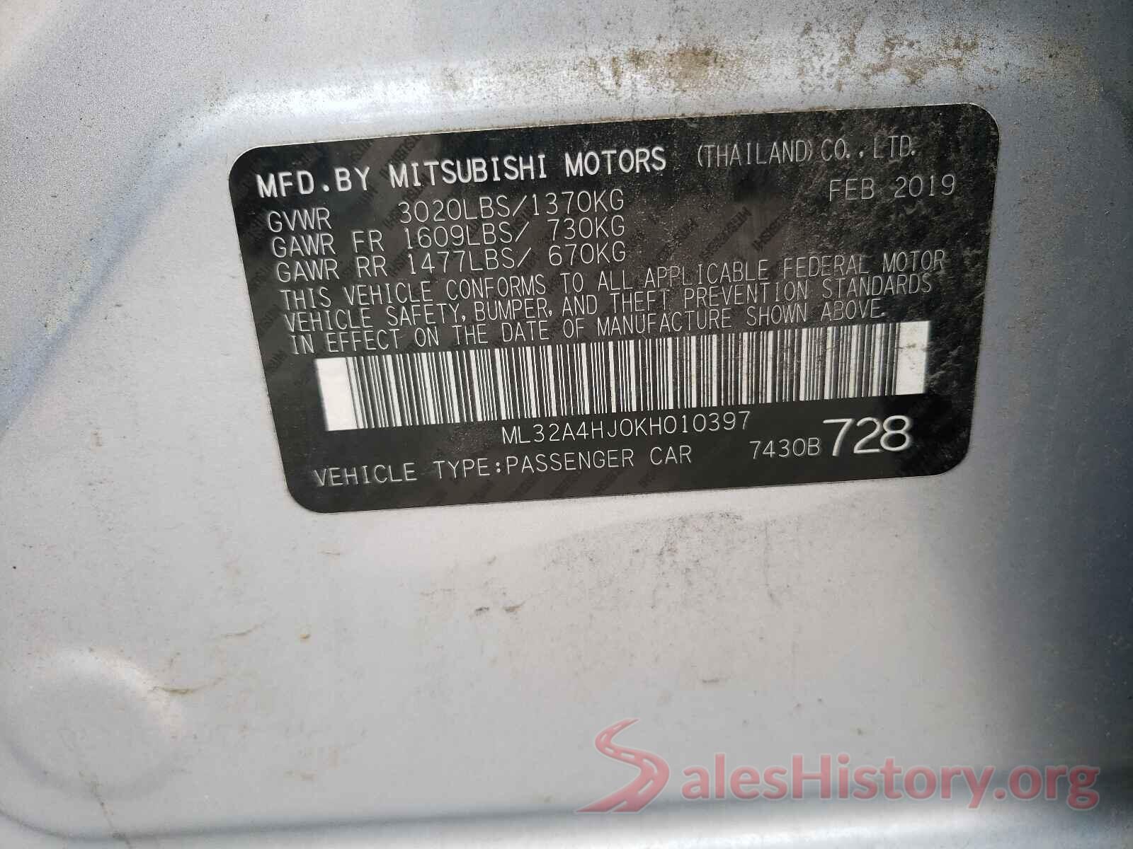 ML32A4HJ0KH010397 2019 MITSUBISHI MIRAGE