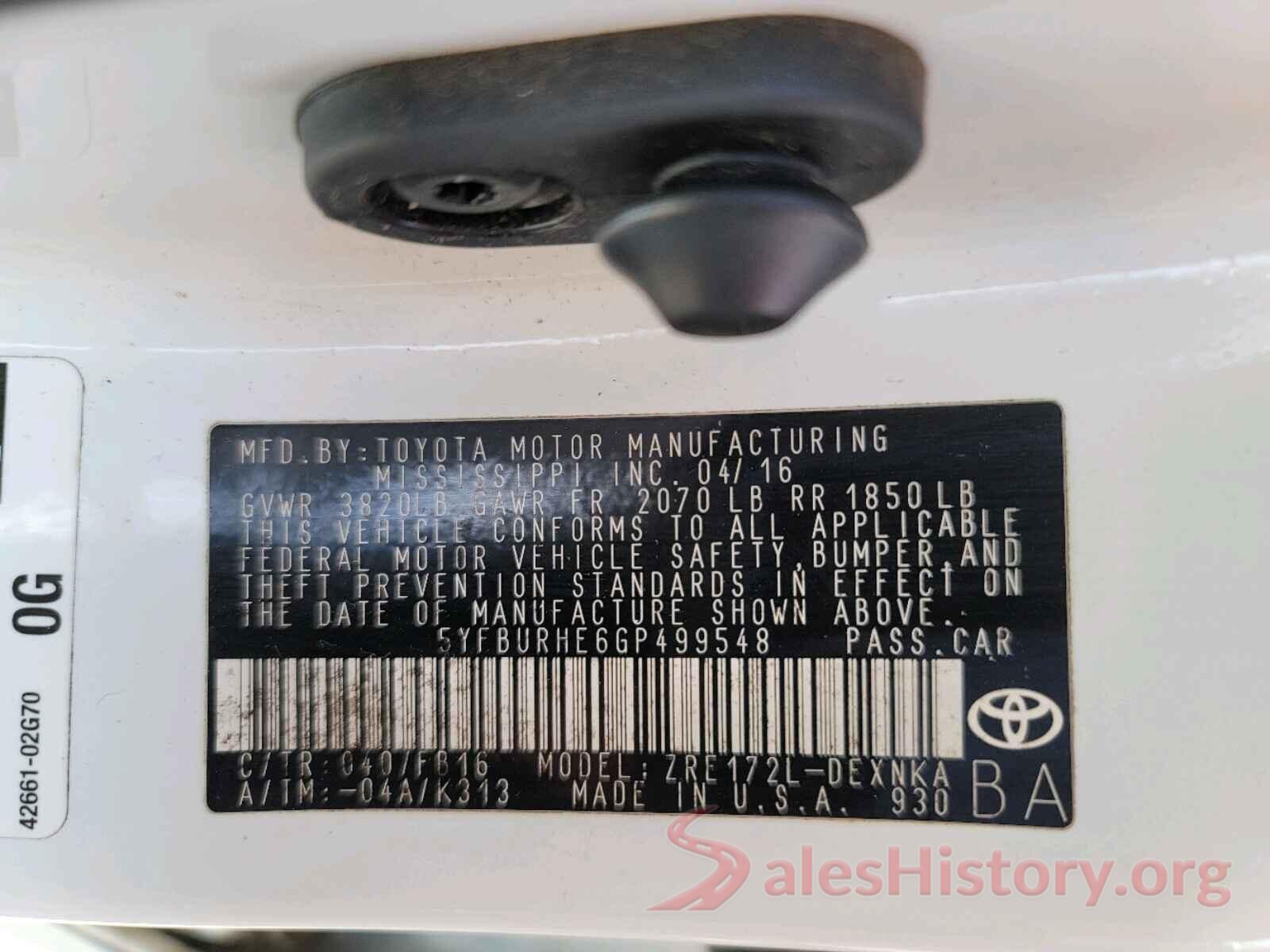 5YFBURHE6GP499548 2016 TOYOTA COROLLA