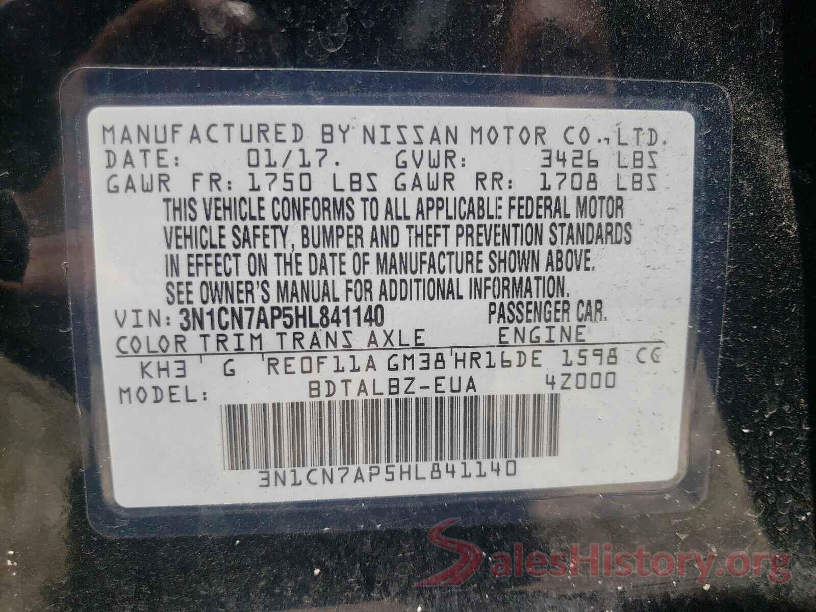 3N1CN7AP5HL841140 2017 NISSAN VERSA