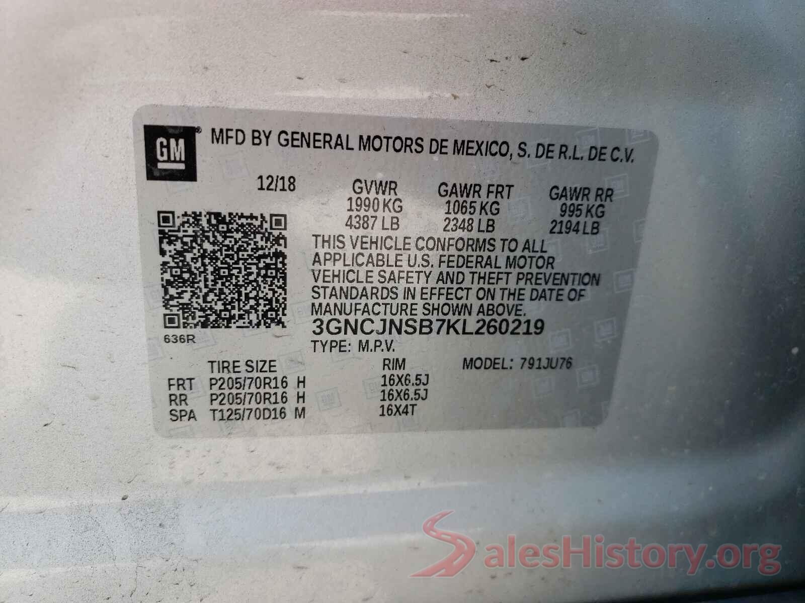 3GNCJNSB7KL260219 2019 CHEVROLET TRAX