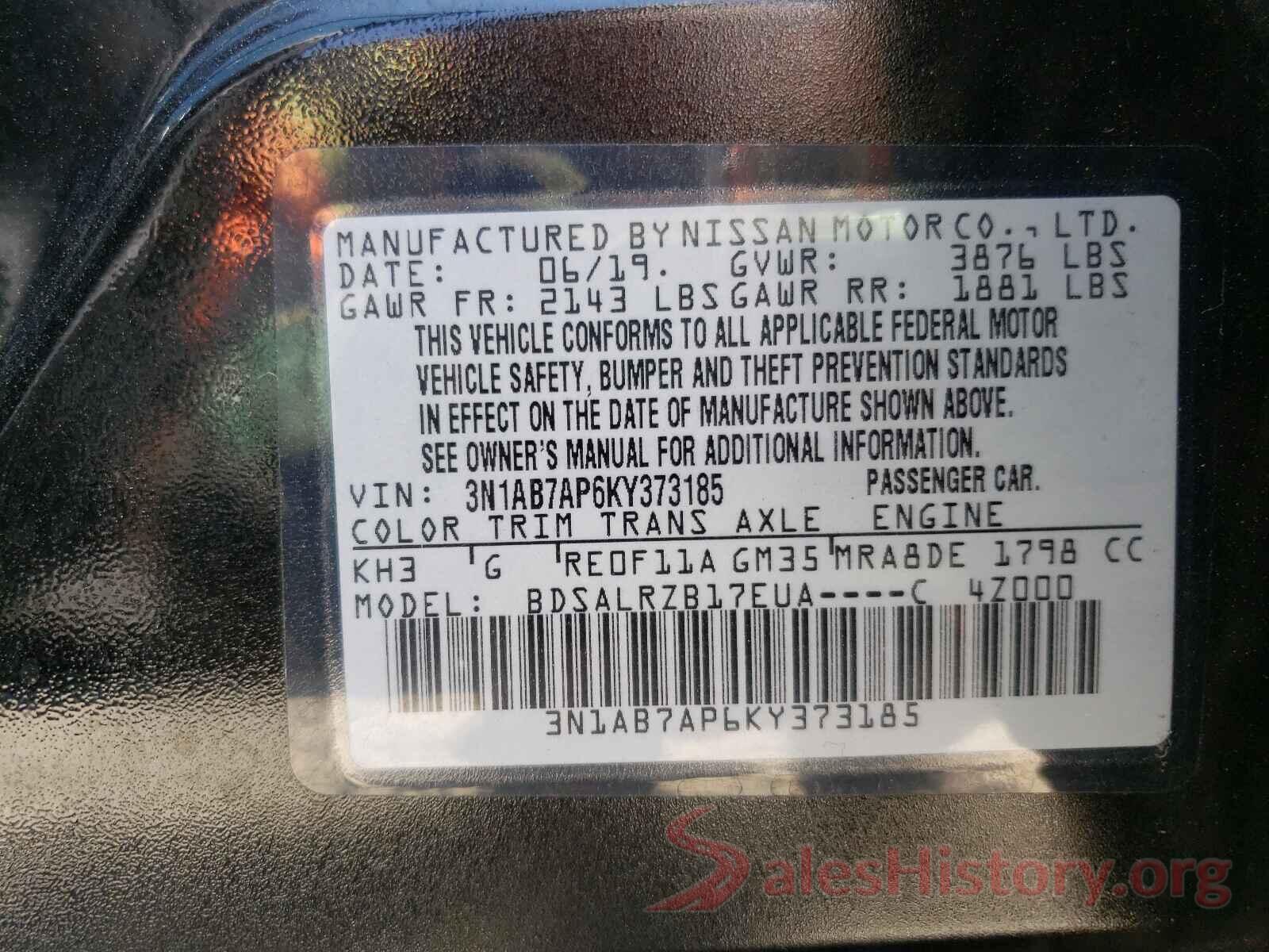 3N1AB7AP6KY373185 2019 NISSAN SENTRA