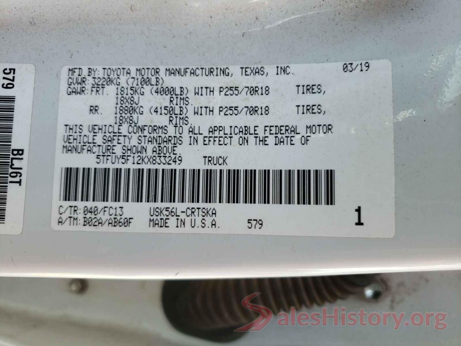 5TFUY5F12KX833249 2019 TOYOTA TUNDRA