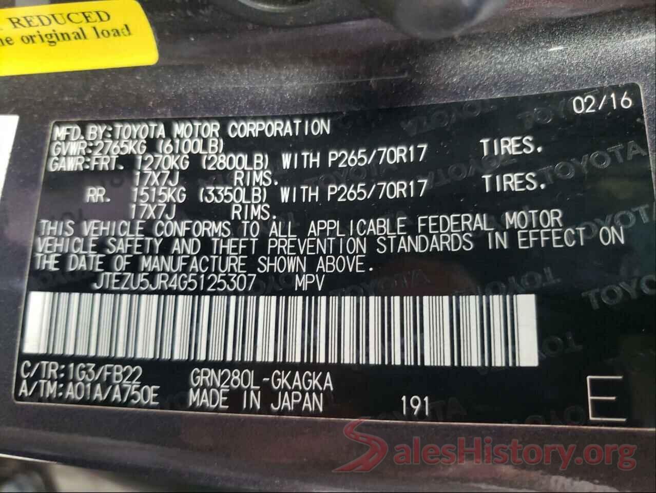 JTEZU5JR4G5125307 2016 TOYOTA 4RUNNER