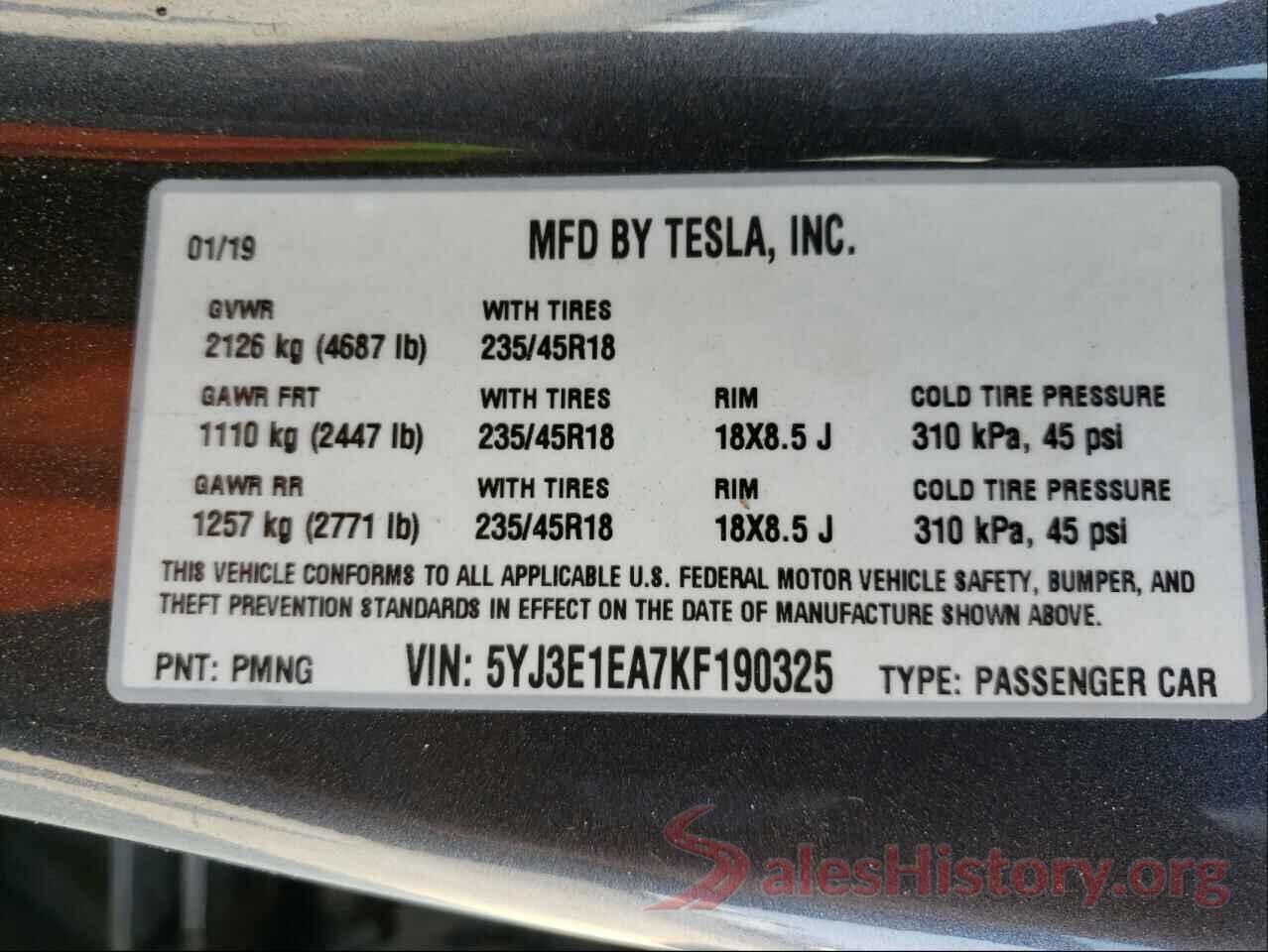 5YJ3E1EA7KF190325 2019 TESLA MODEL 3