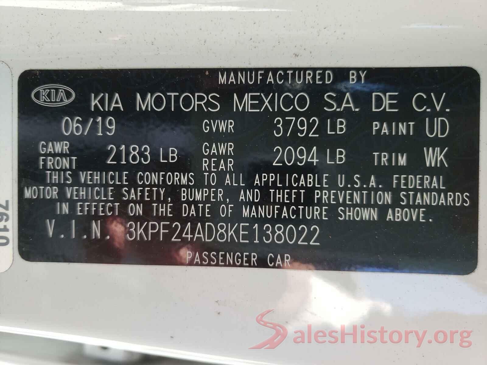 3KPF24AD8KE138022 2019 KIA FORTE