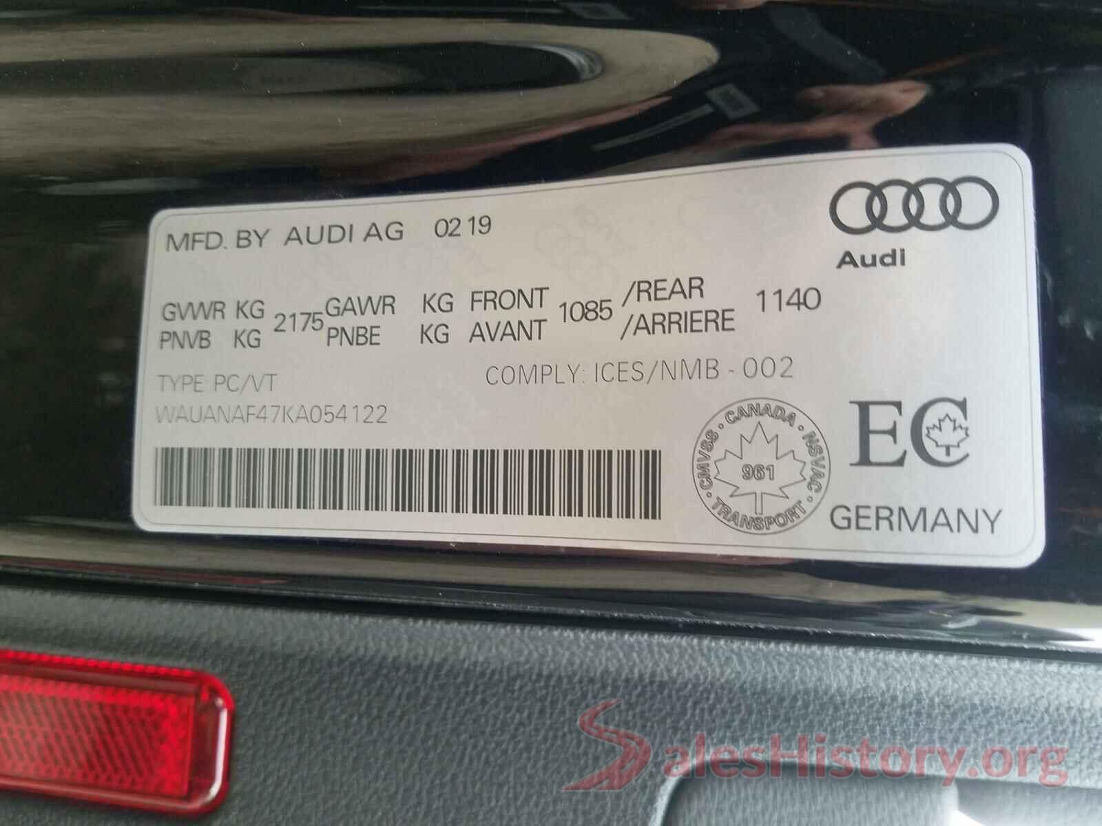 WAUANAF47KA054122 2019 AUDI A4