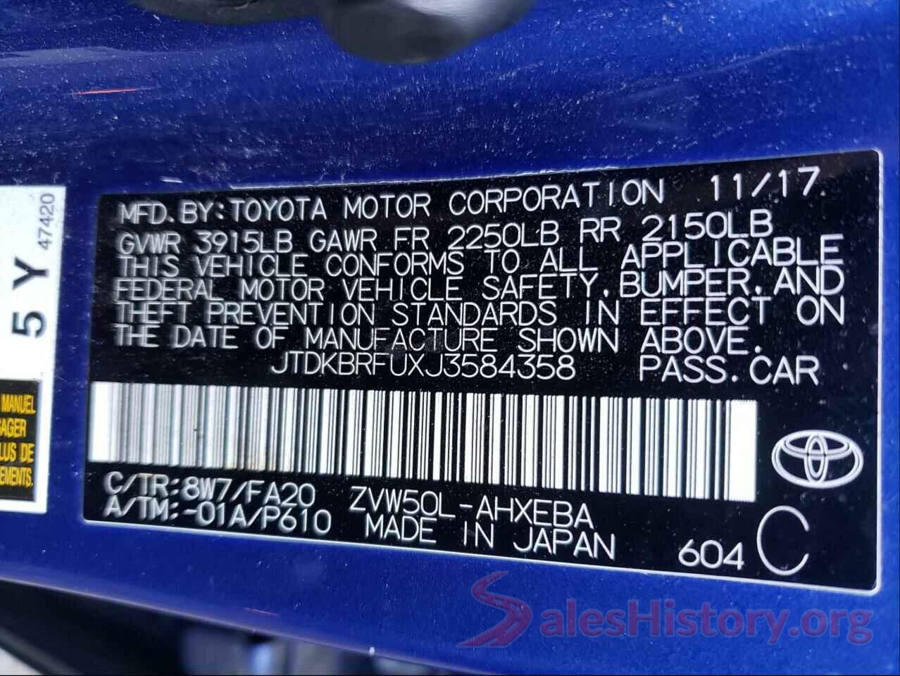 JTDKBRFUXJ3584358 2018 TOYOTA PRIUS