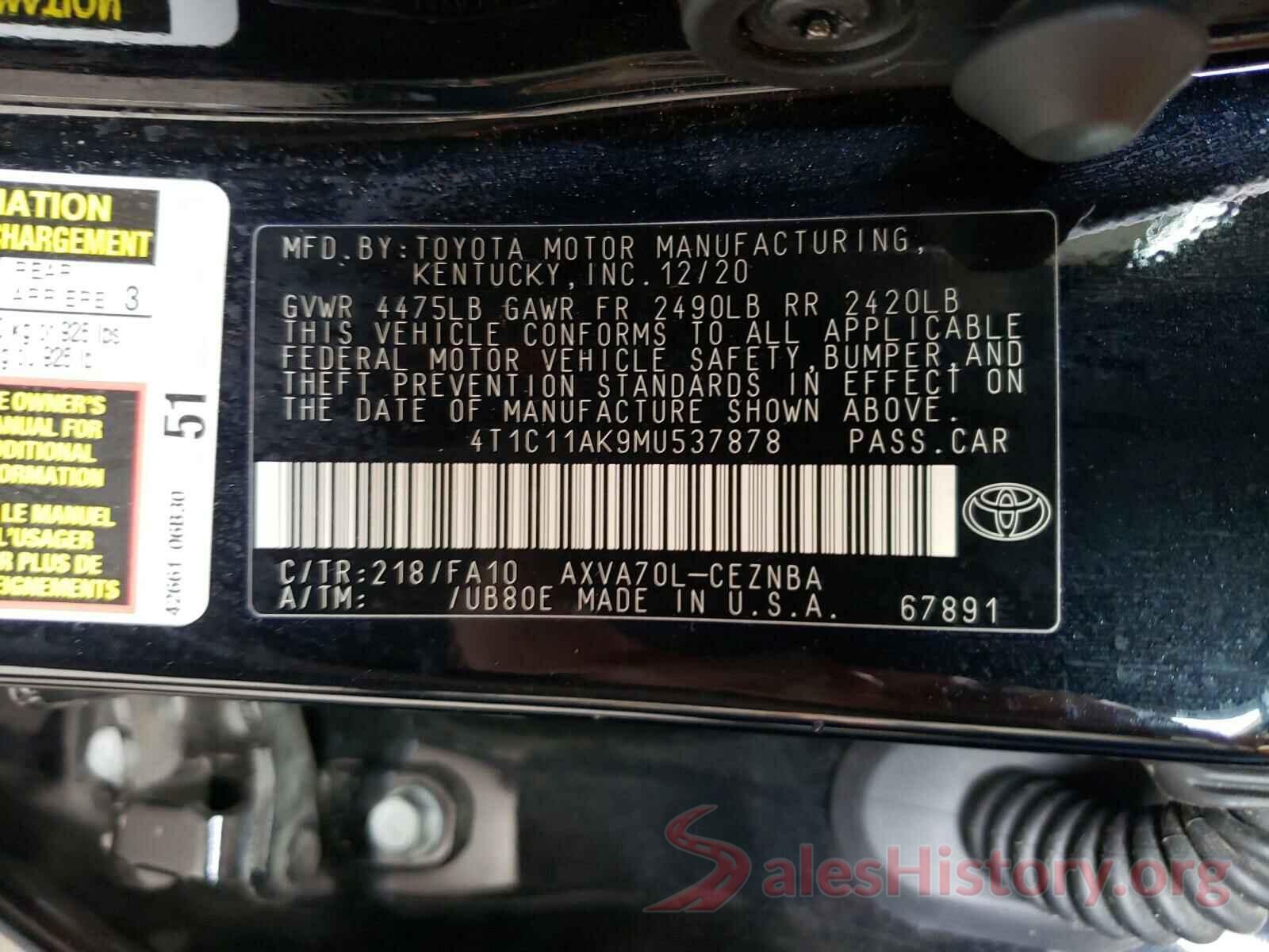 4T1C11AK9MU537878 2021 TOYOTA CAMRY