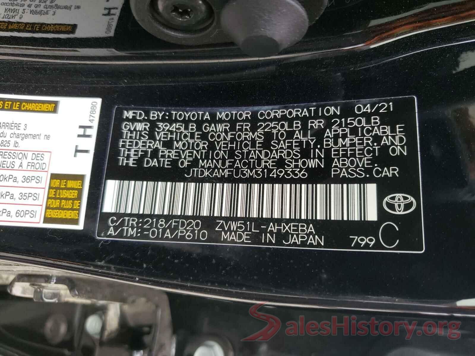 JTDKAMFU3M3149336 2021 TOYOTA PRIUS