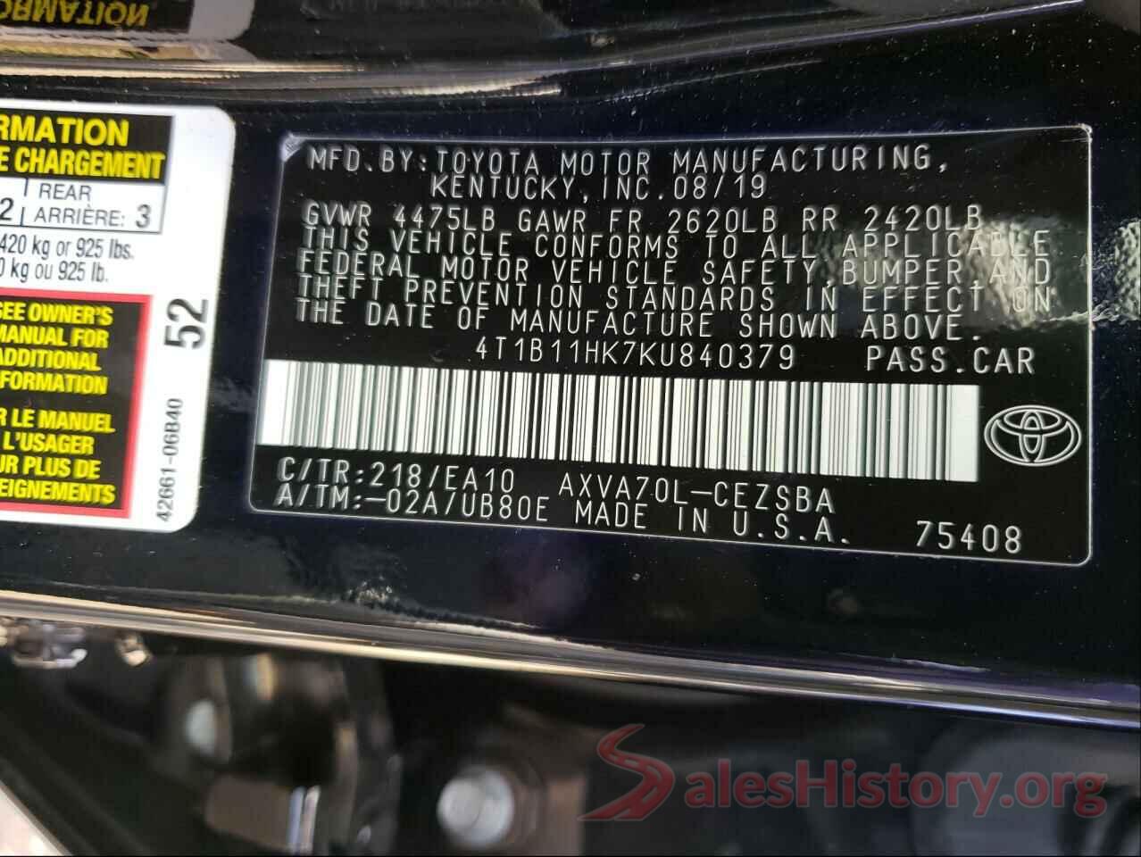 4T1B11HK7KU840379 2019 TOYOTA CAMRY