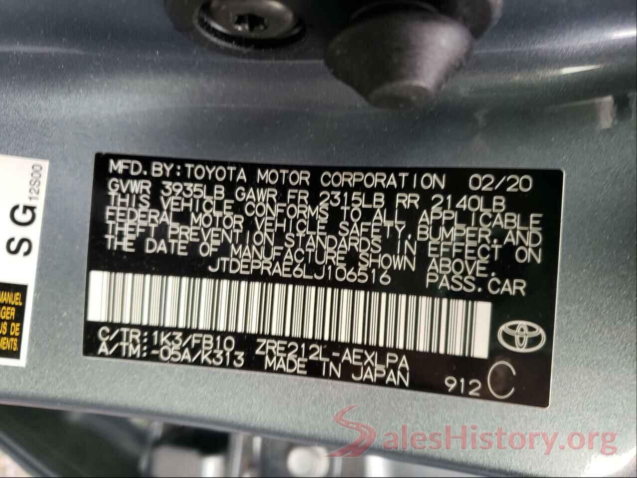 JTDEPRAE6LJ106516 2020 TOYOTA COROLLA