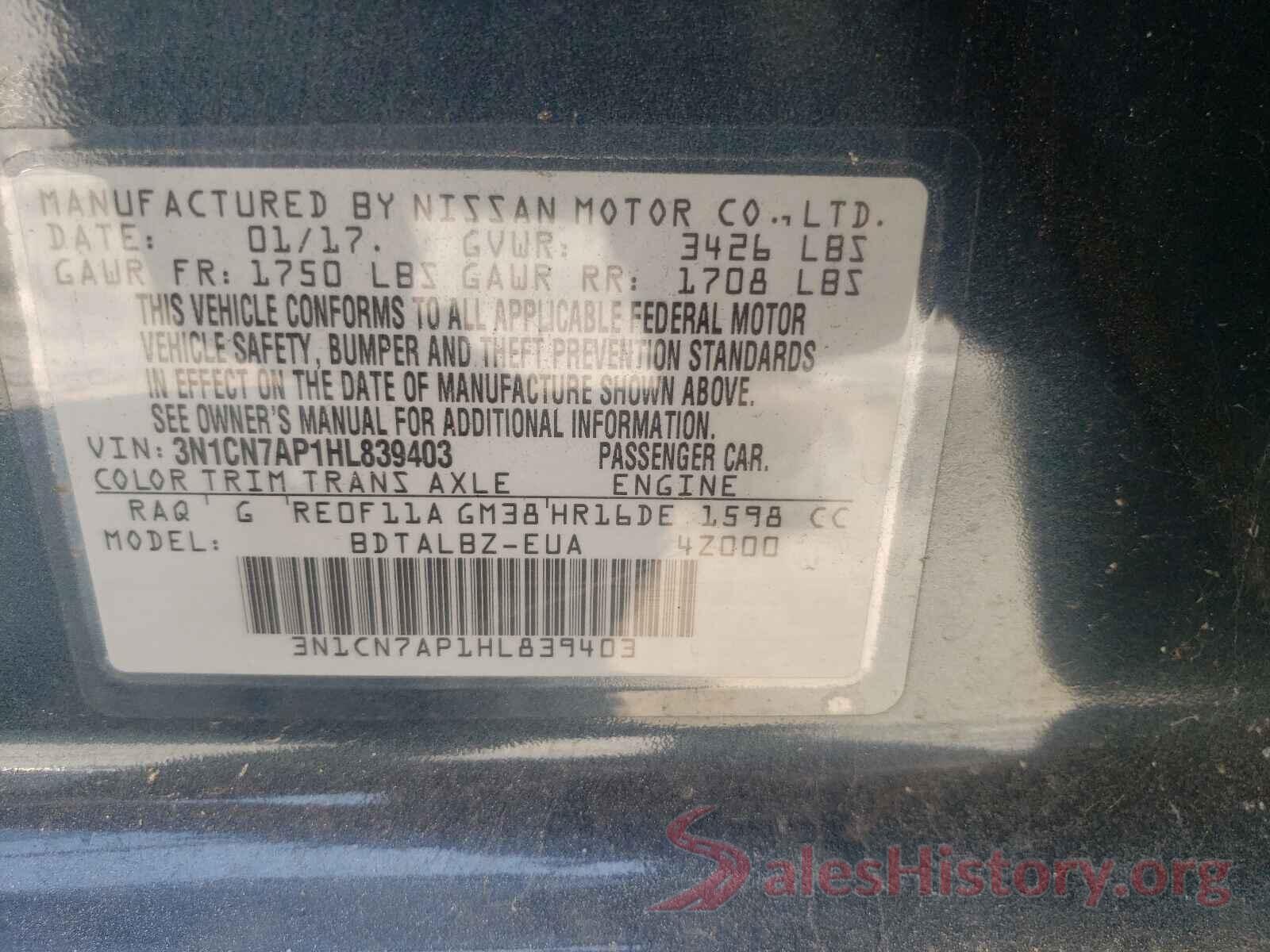 3N1CN7AP1HL839403 2017 NISSAN VERSA