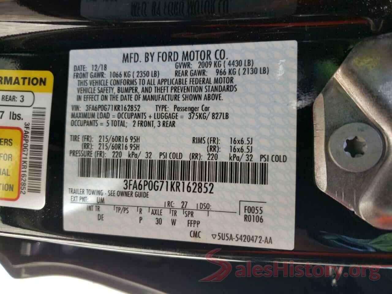 3FA6P0G71KR162852 2019 FORD FUSION