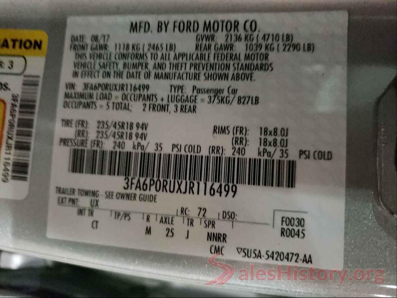 3FA6P0RUXJR116499 2018 FORD FUSION