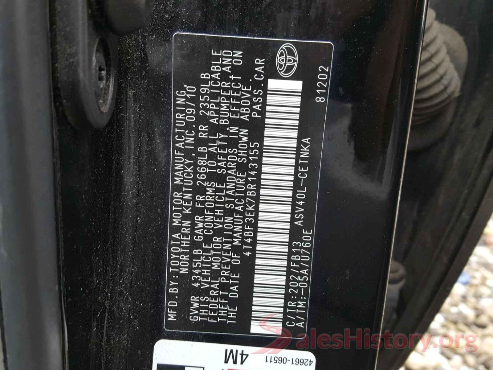 4T4BF3EK7BR143155 2011 TOYOTA CAMRY BASE