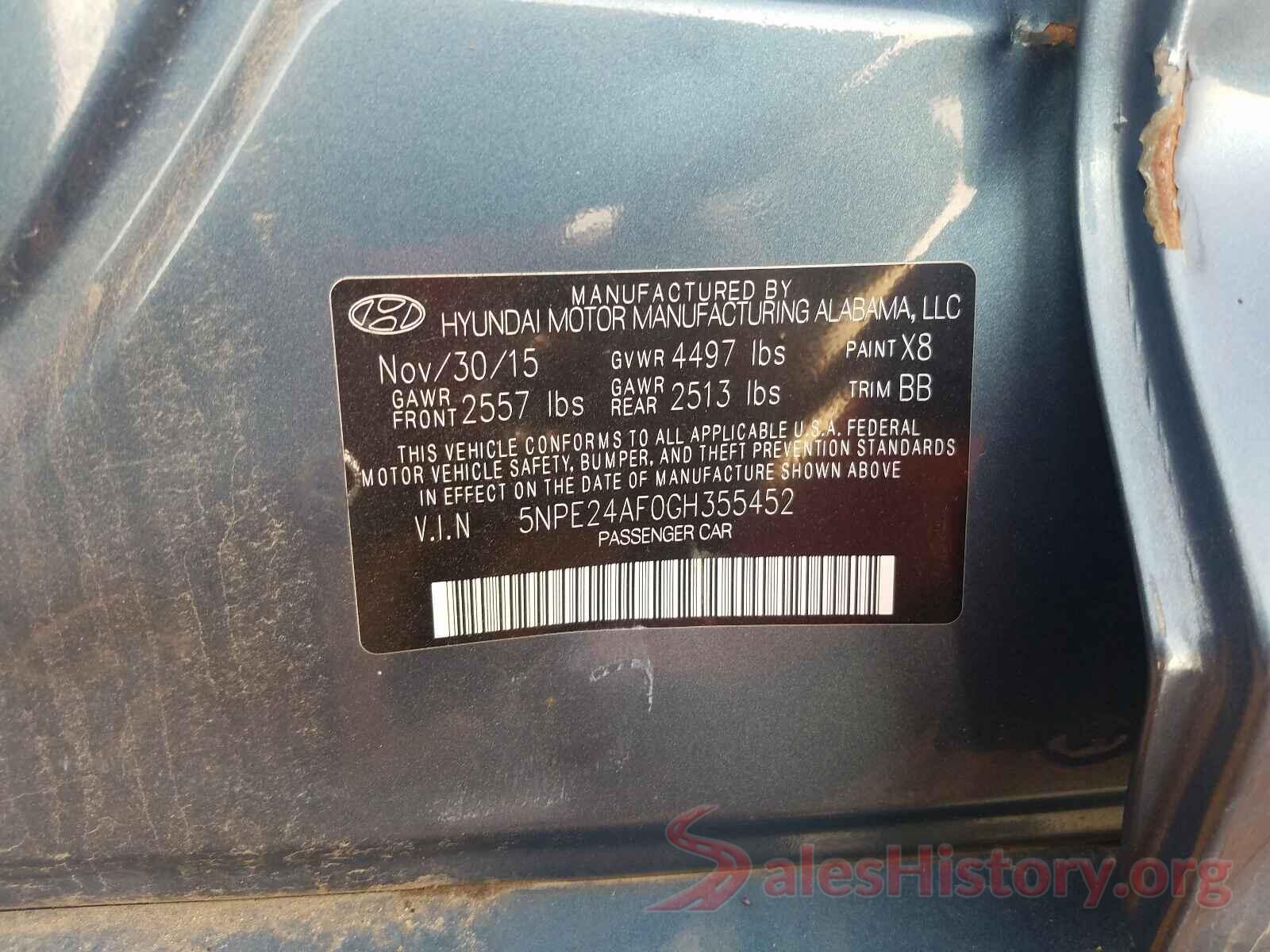 5NPE24AF0GH355452 2016 HYUNDAI SONATA