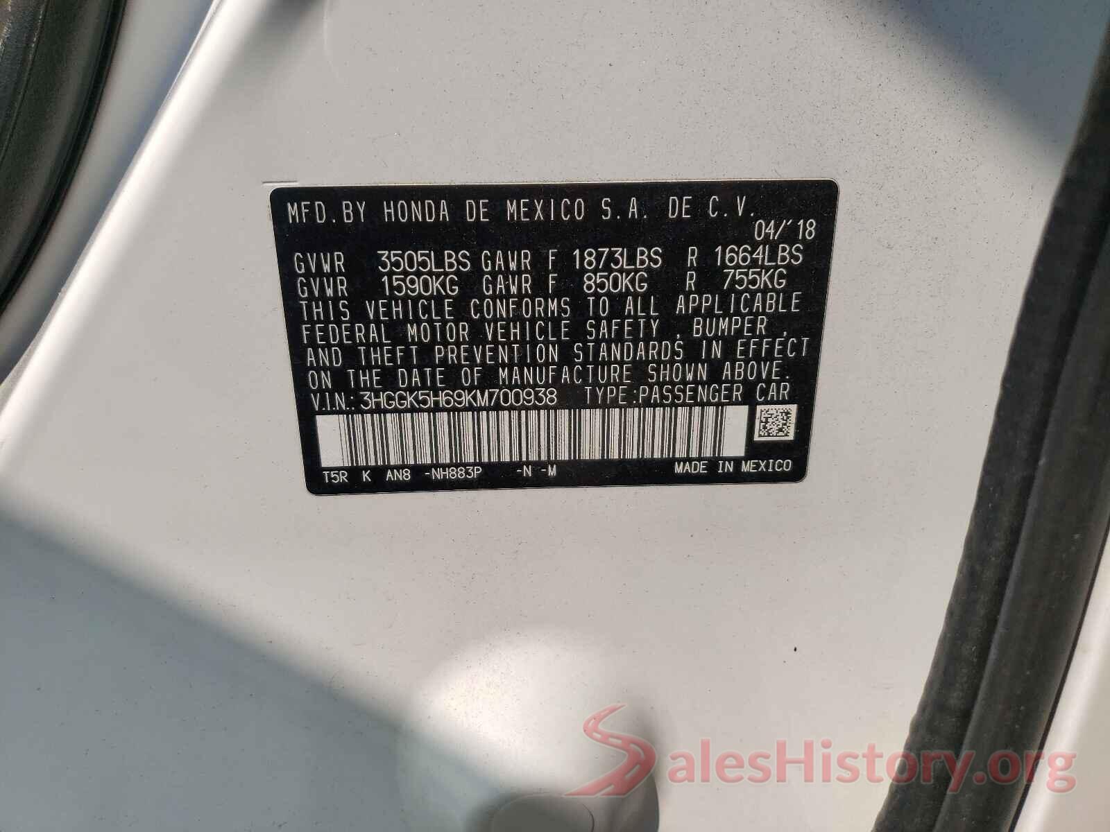 3HGGK5H69KM700938 2019 HONDA FIT