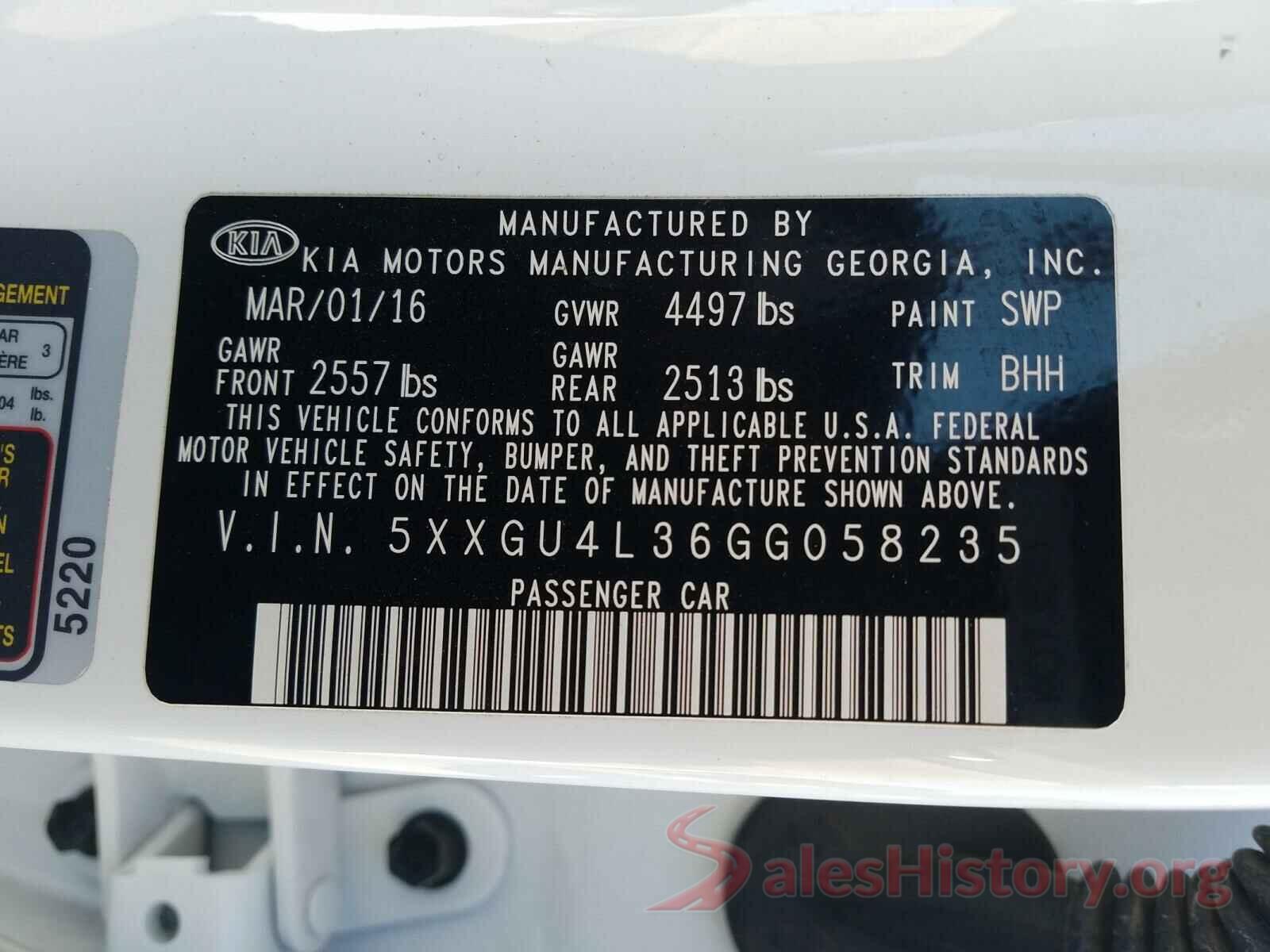 5XXGU4L36GG058235 2016 KIA OPTIMA