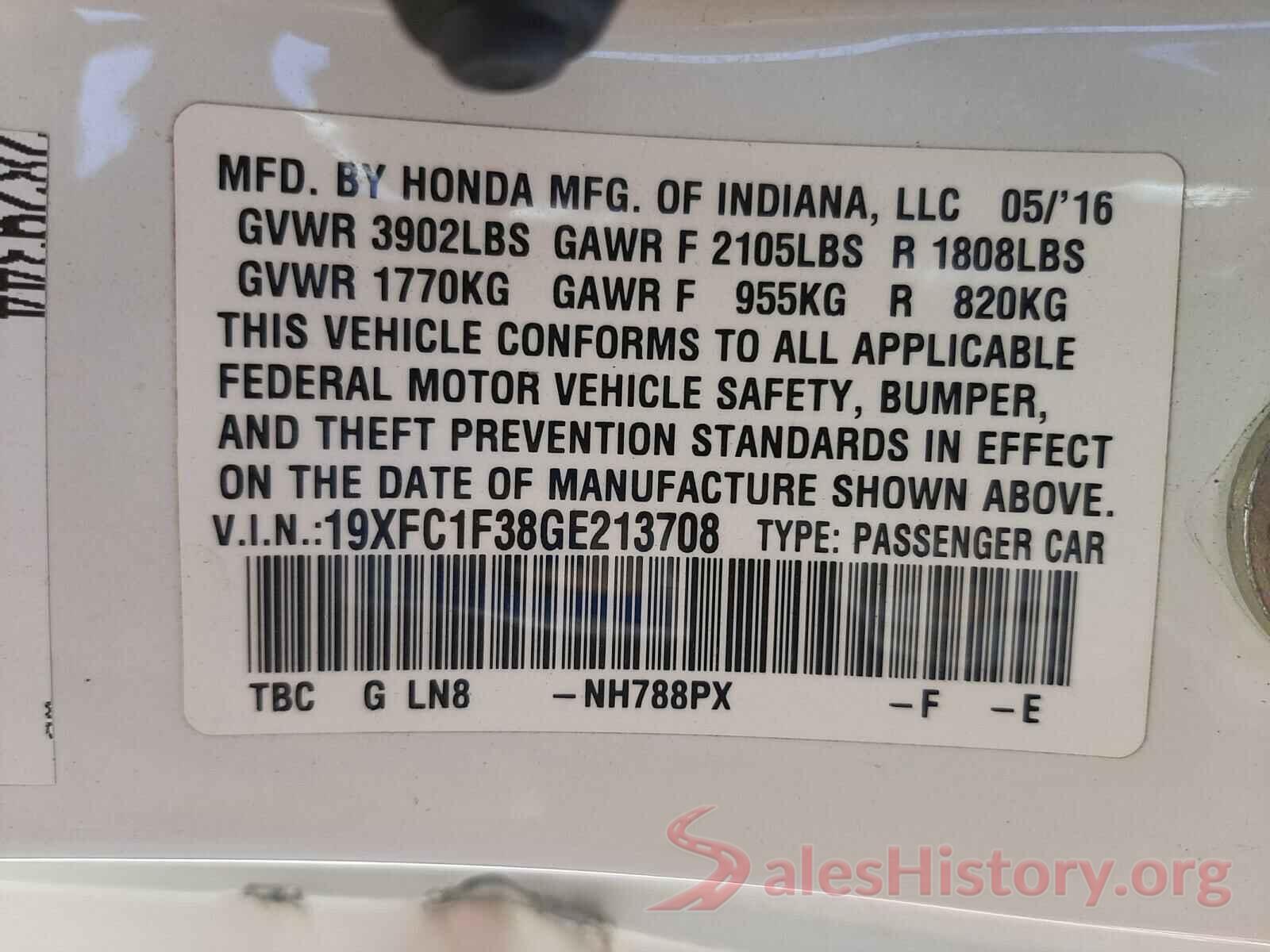 19XFC1F38GE213708 2016 HONDA CIVIC