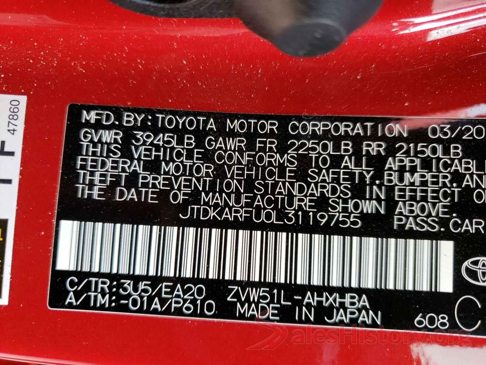 JTDKARFU0L3119755 2020 TOYOTA PRIUS