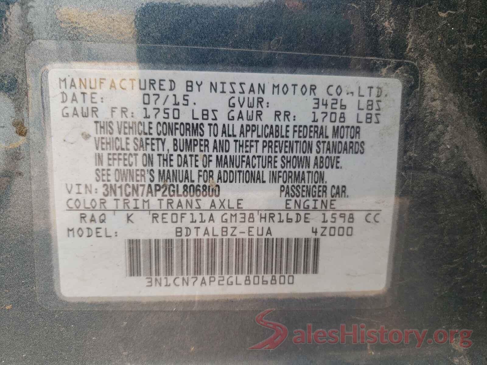 3N1CN7AP2GL806800 2016 NISSAN VERSA