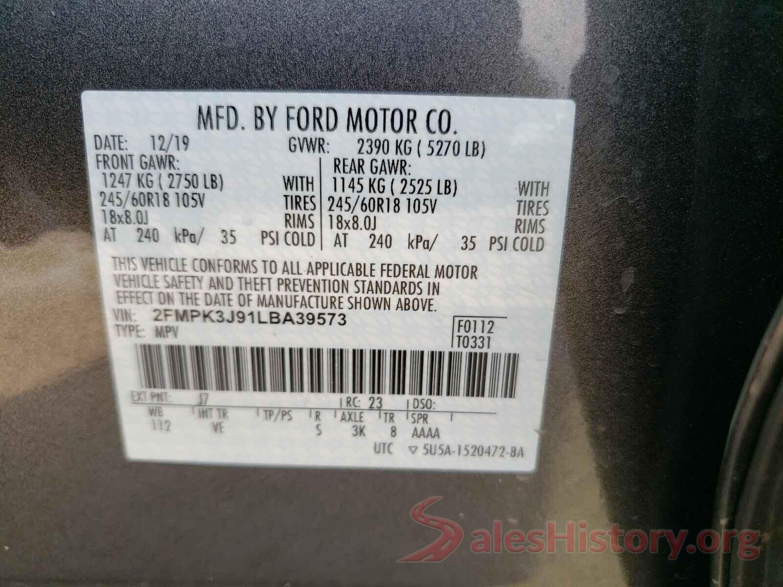 2FMPK3J91LBA39573 2020 FORD EDGE