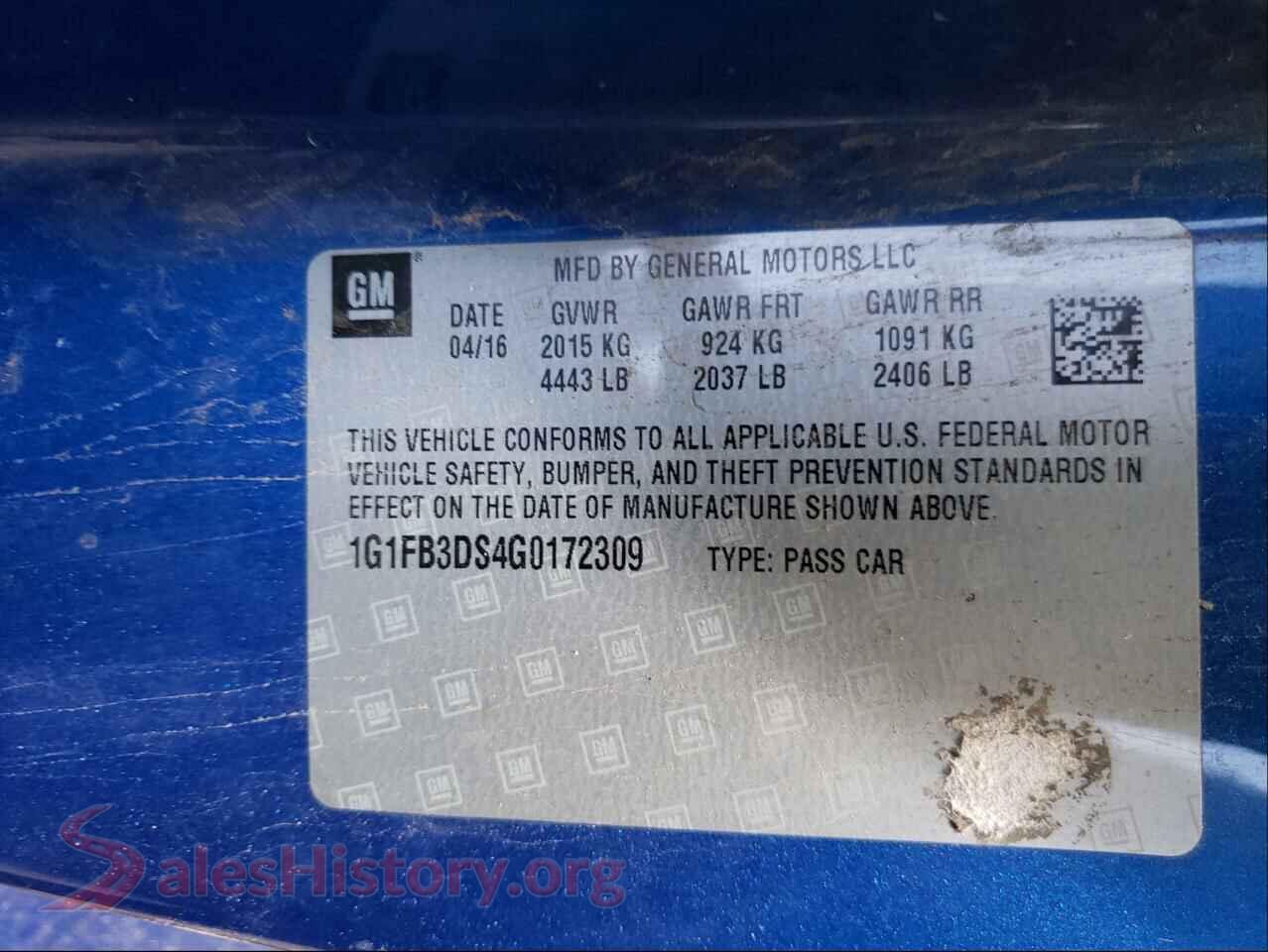 2016 CHEVROLET CAMARO VIN 1G1FB3DS4G0172309, odometer mileage