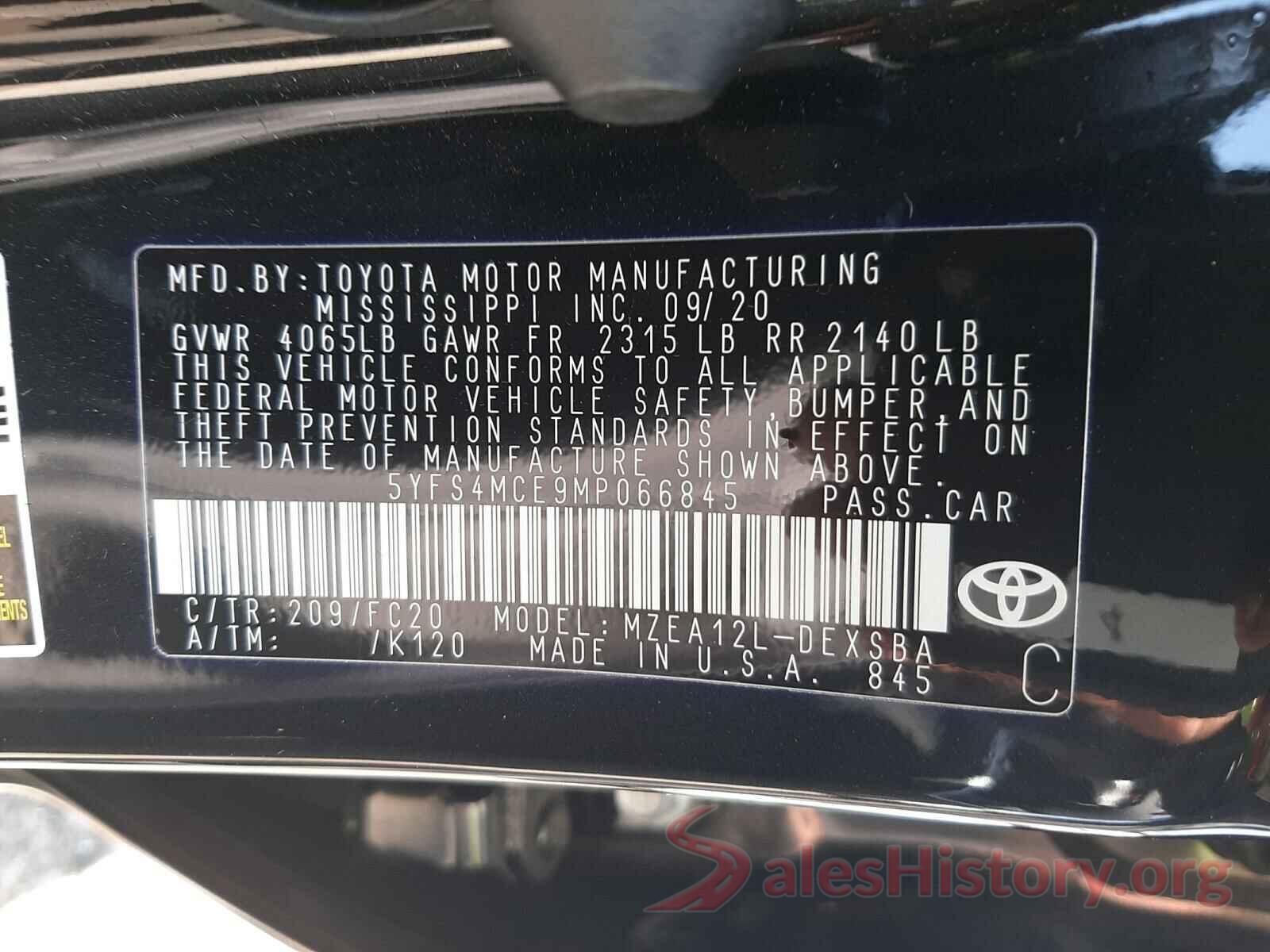 5YFS4MCE9MP066845 2021 TOYOTA COROLLA